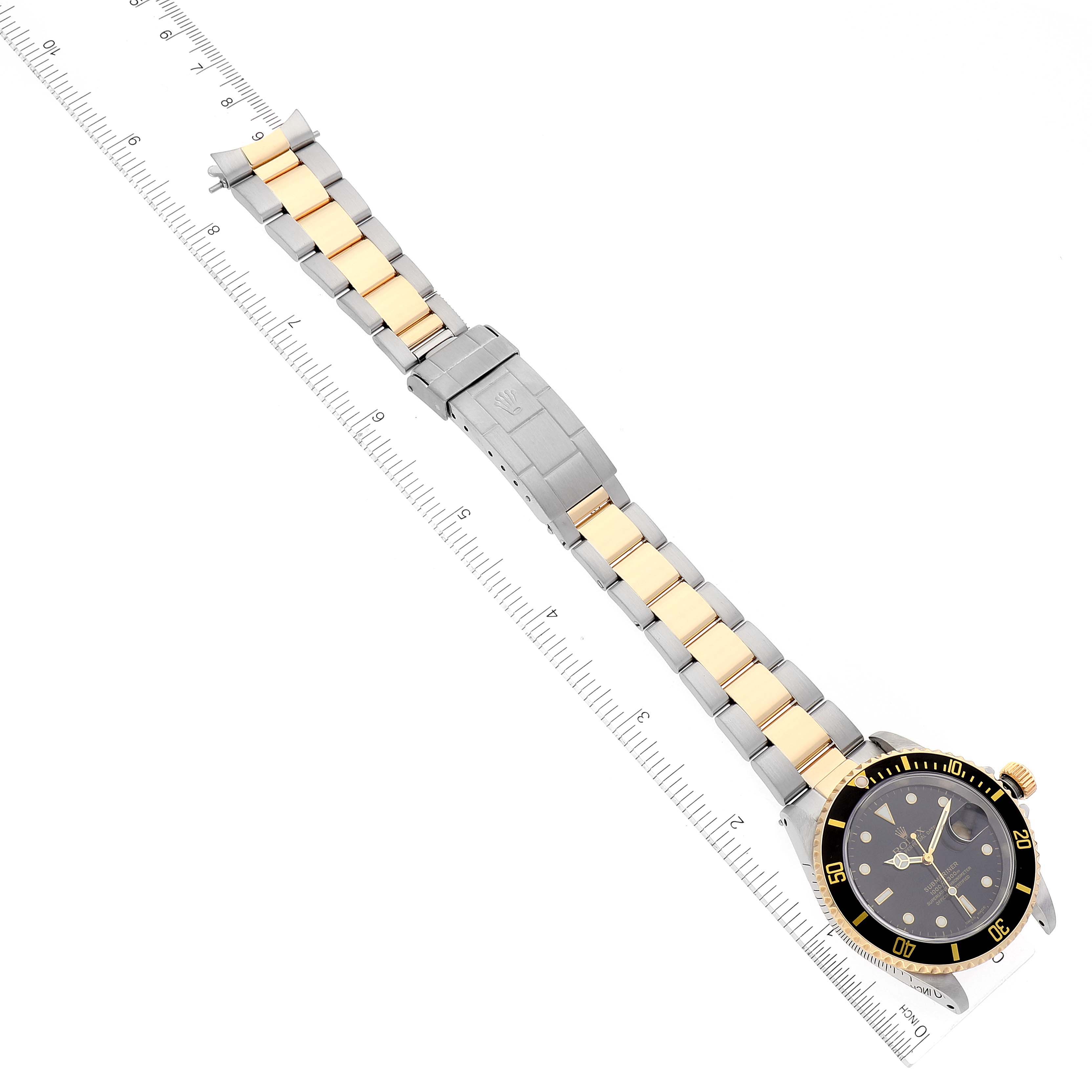 This image shows the front view of a Rolex Submariner 16613 Men's Steel and Gold (two tone) Black Dial 16613 Men's Steel and Gold (two tone) Black Dial watch, highlighting its two-tone bracelet, clasp, and bezel.