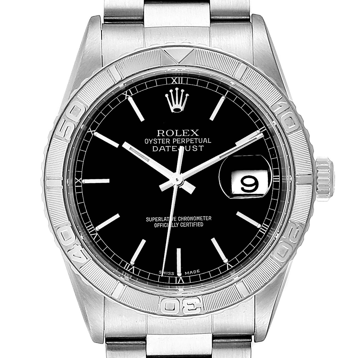 The image shows a front view of the Rolex Turn-o-Graph 16264 Men's Stainless Steel Black Dial 16264 Men's Stainless Steel Black Dial model, displaying the dial, bezel, and part of the bracelet.