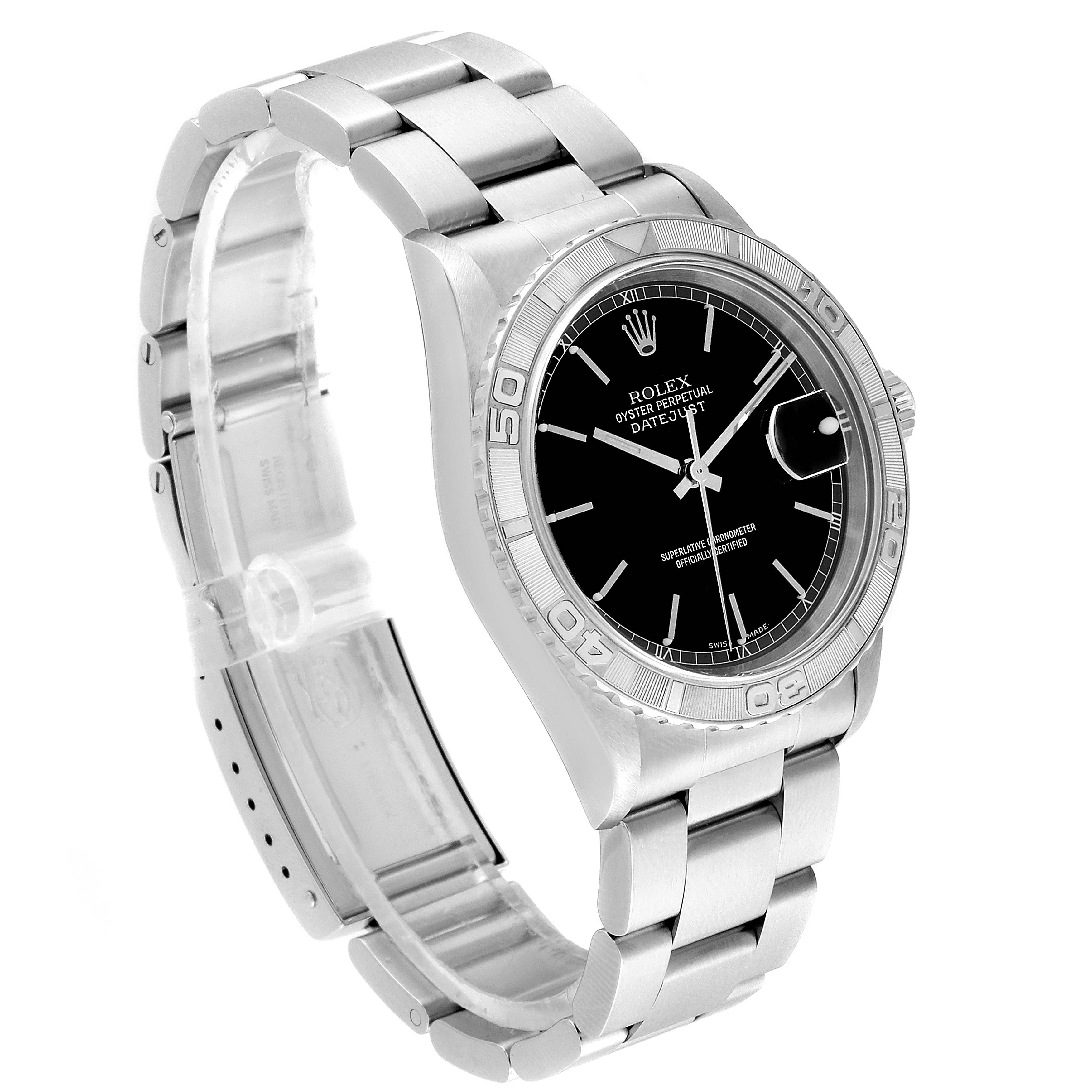 The image shows the Rolex Turn-o-Graph 16264 Men's Stainless Steel Black Dial 16264 Men's Stainless Steel Black Dial watch at a three-quarter angle, displaying its dial, bezel, and bracelet.