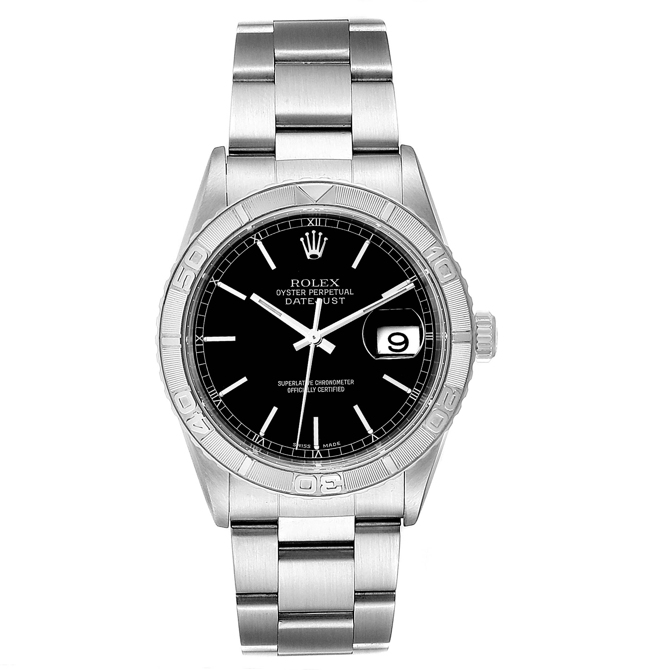 This is a front view of the Rolex Turn-o-Graph 16264 Men's Stainless Steel Black Dial 16264 Men's Stainless Steel Black Dial watch, showing the face, bezel, and bracelet.