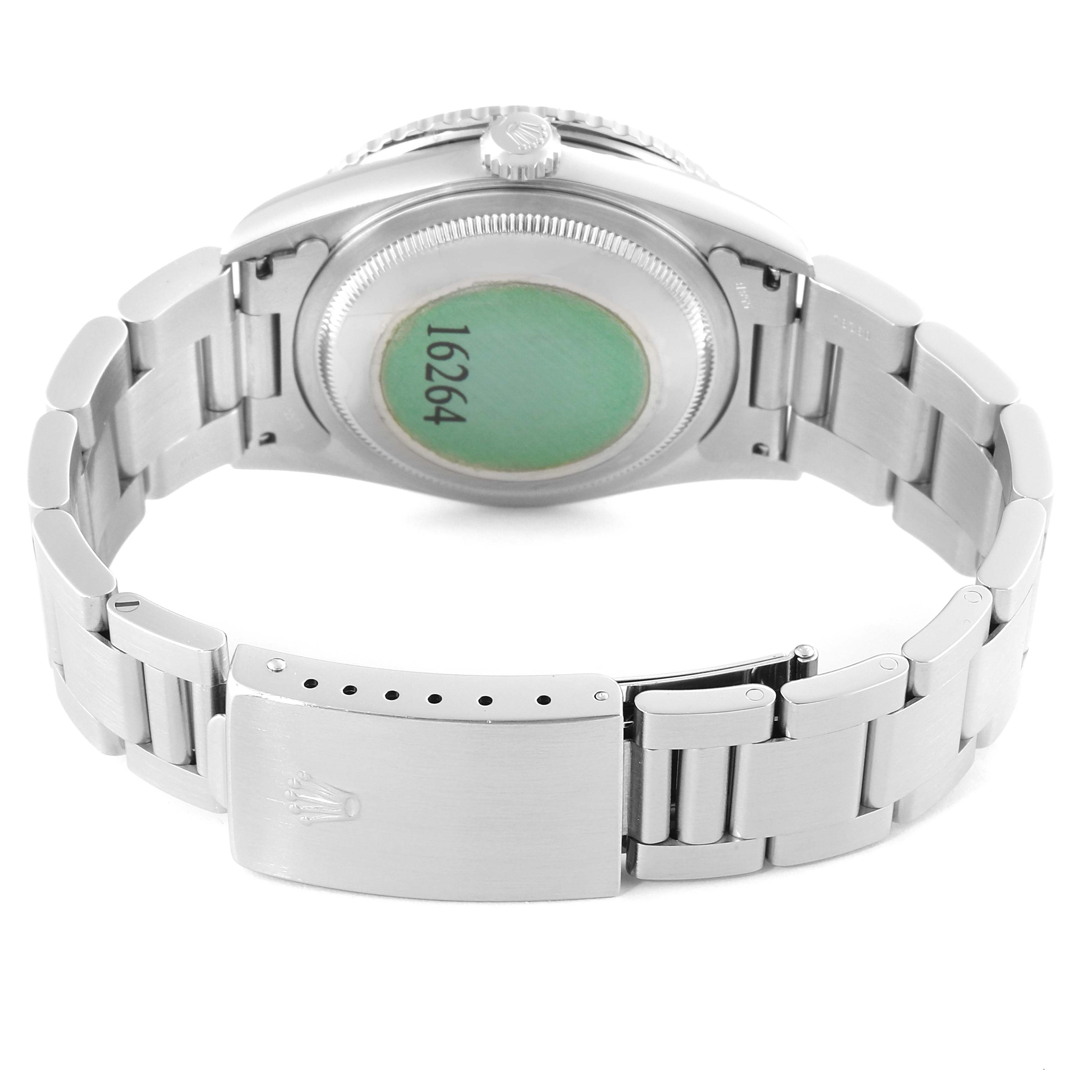 The image shows the back view of a Rolex Turn-o-Graph 16264 Men's Stainless Steel Black Dial 16264 Men's Stainless Steel Black Dial watch, highlighting its caseback, bracelet, and clasp.