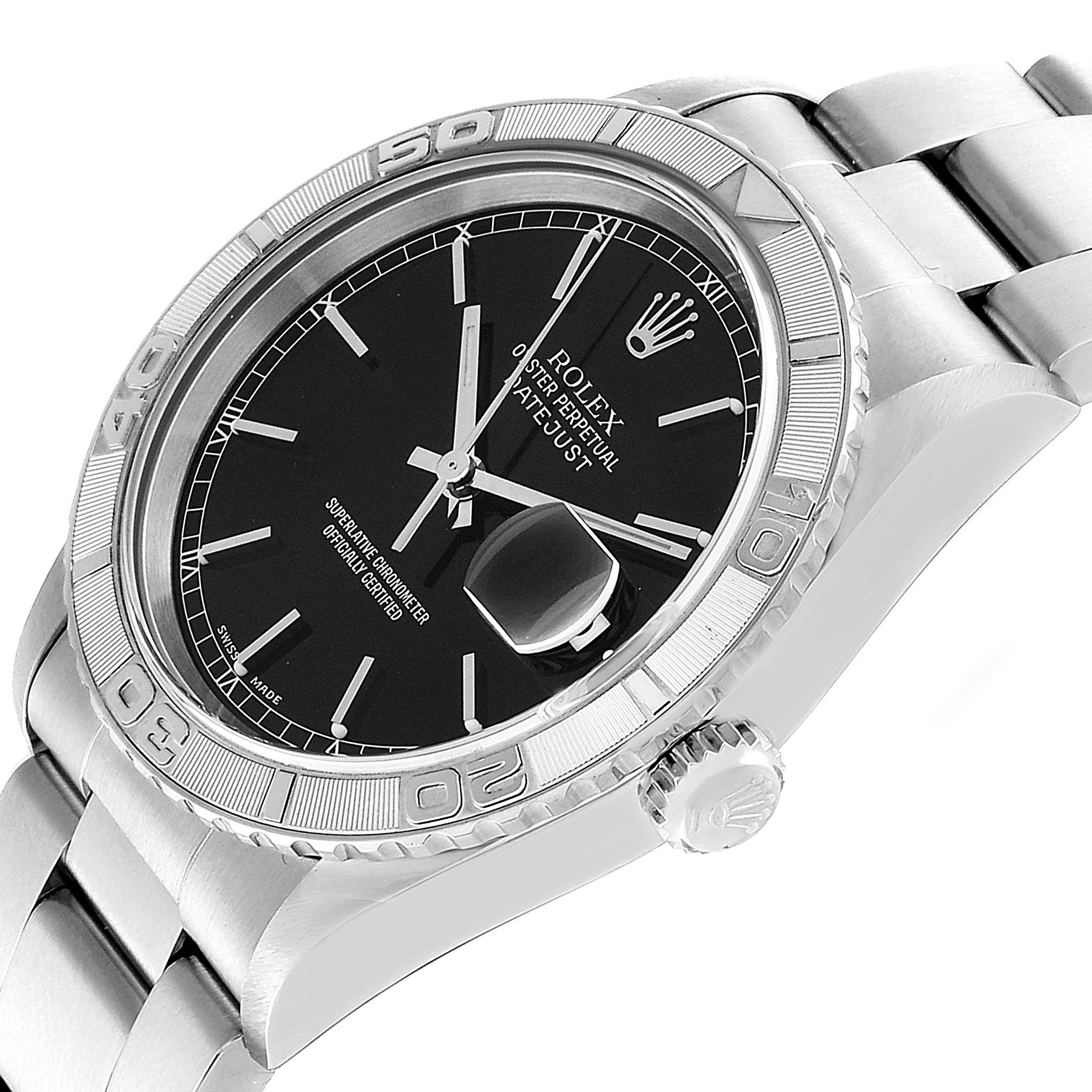 This image shows a Rolex Turn-o-Graph 16264 Men's Stainless Steel Black Dial 16264 Men's Stainless Steel Black Dial watch at an angled view, highlighting the dial, bezel, crown, and part of the bracelet.