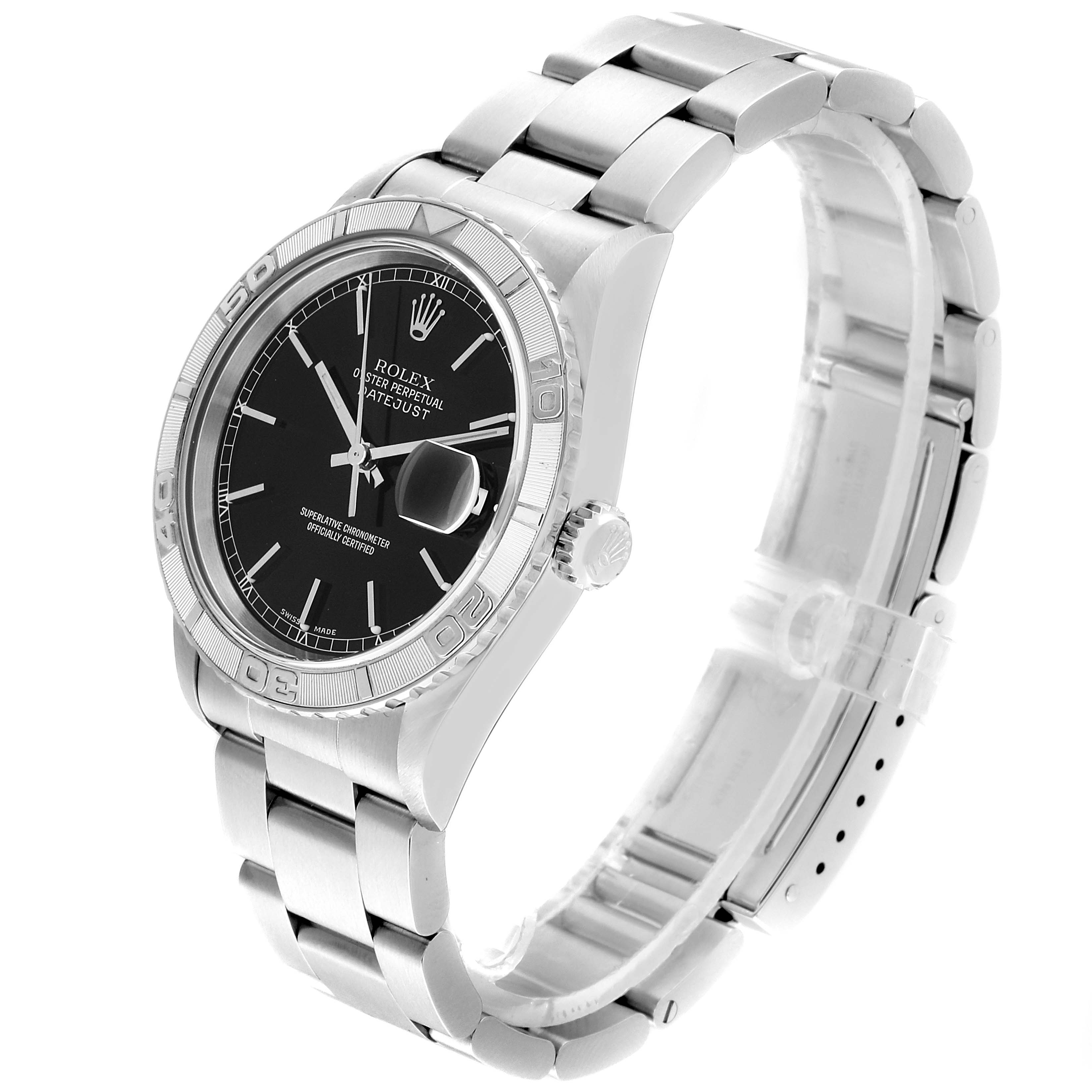 The Rolex Turn-o-Graph 16264 Men's Stainless Steel Black Dial 16264 Men's Stainless Steel Black Dial is shown at a three-quarter angle, highlighting its black dial, rotating bezel, and stainless steel bracelet.