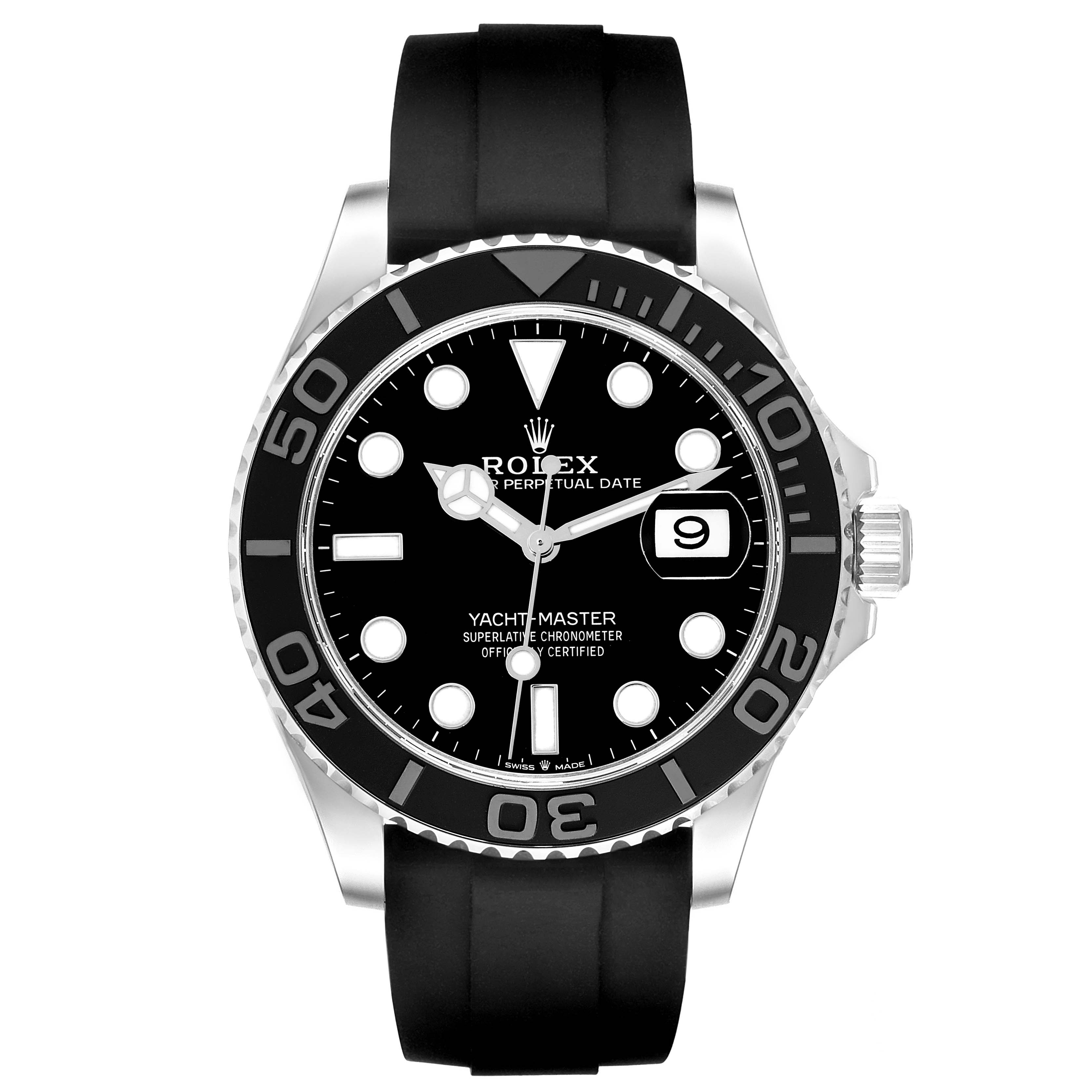 The Rolex Yacht-Master 226659 Men's White Gold Black Dial 226659 Men's White Gold Black Dial watch is shown from the front, displaying the dial, bezel, hands, crown, and strap.