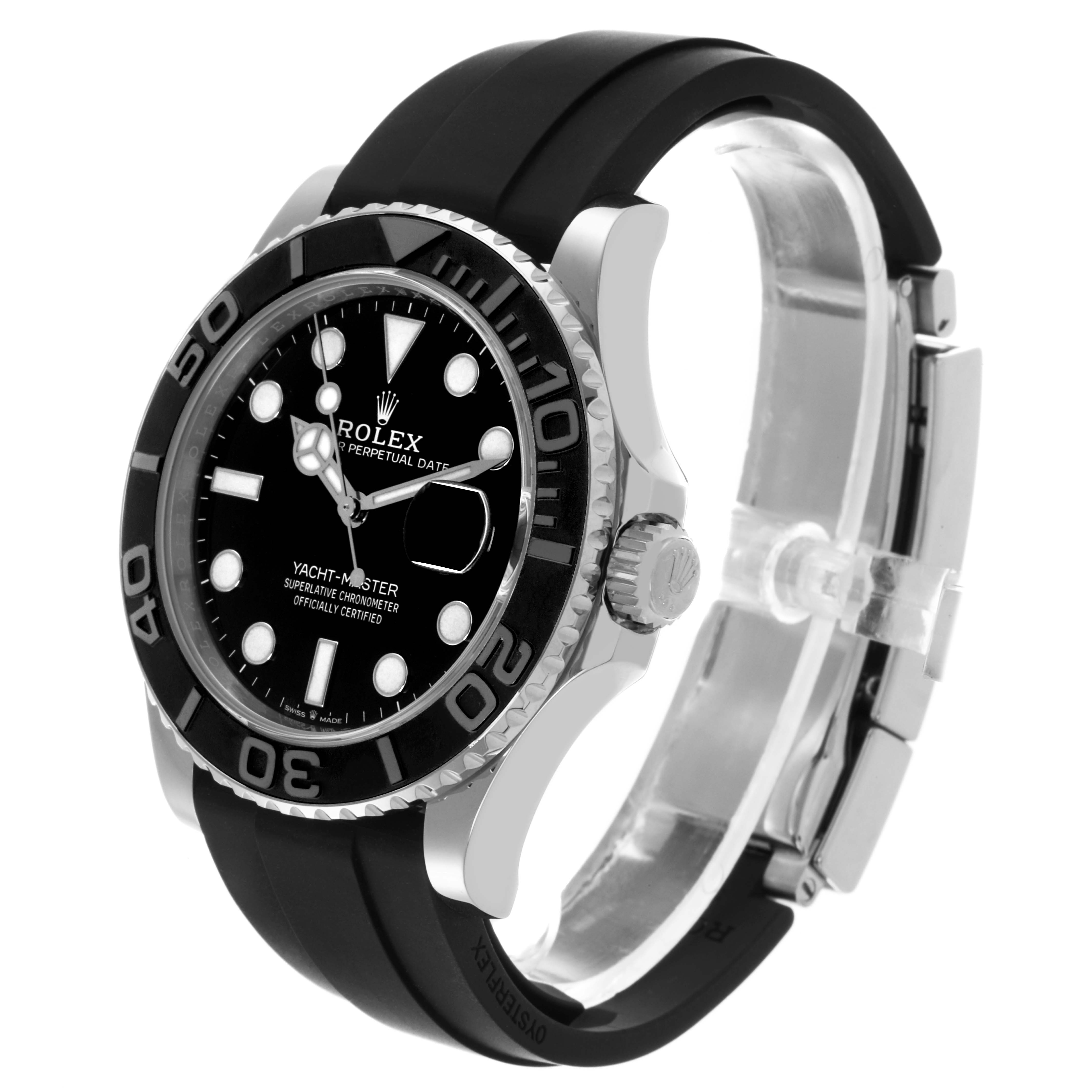 The Rolex Yacht-Master 226659 Men's White Gold Black Dial 226659 Men's White Gold Black Dial watch is shown at an angled view, highlighting the bezel, dial, crown, and rubber strap.