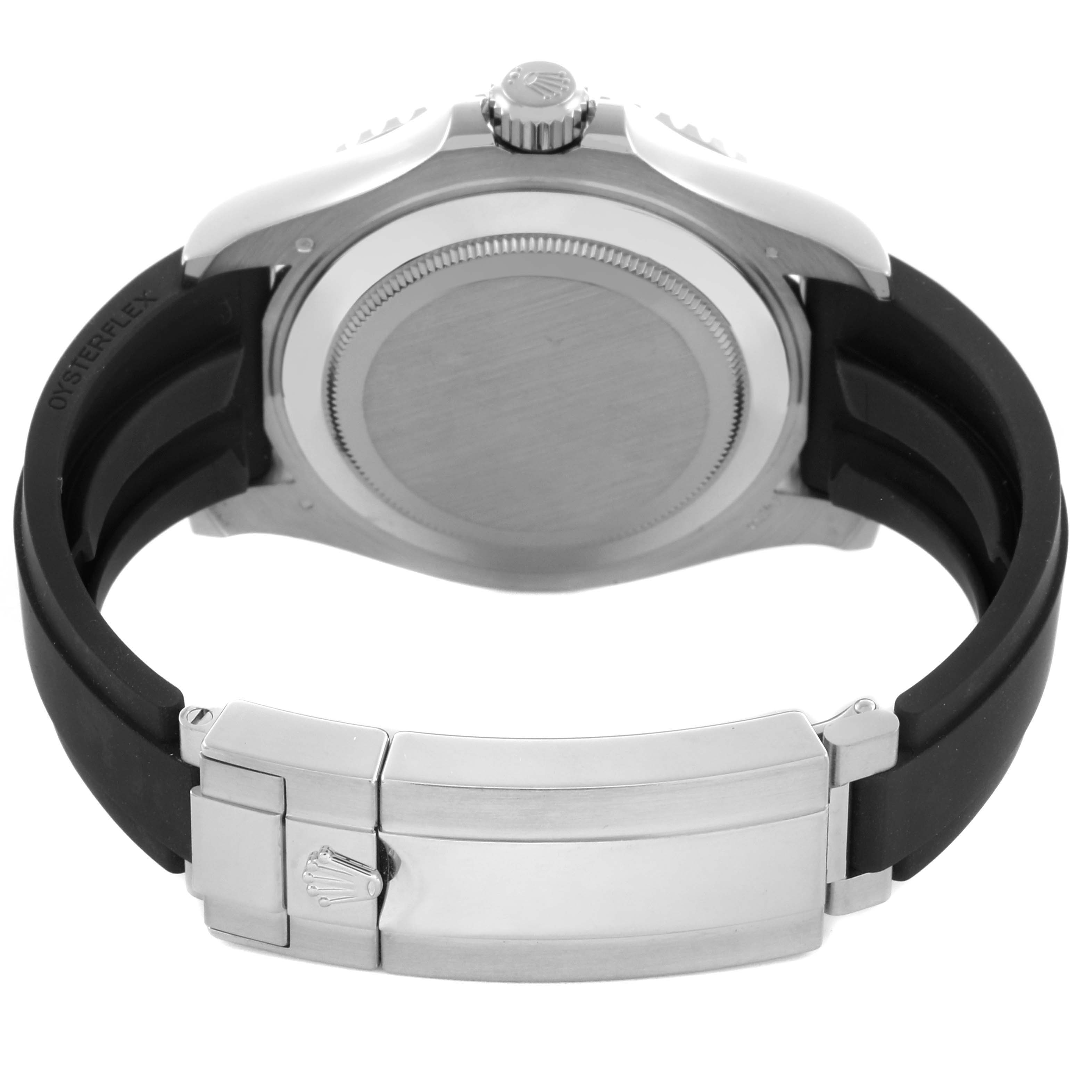 The Rolex Yacht-Master 226659 Men's White Gold Black Dial 226659 Men's White Gold Black Dial watch is shown from the back, highlighting its case back, crown, and clasp on a rubber strap.