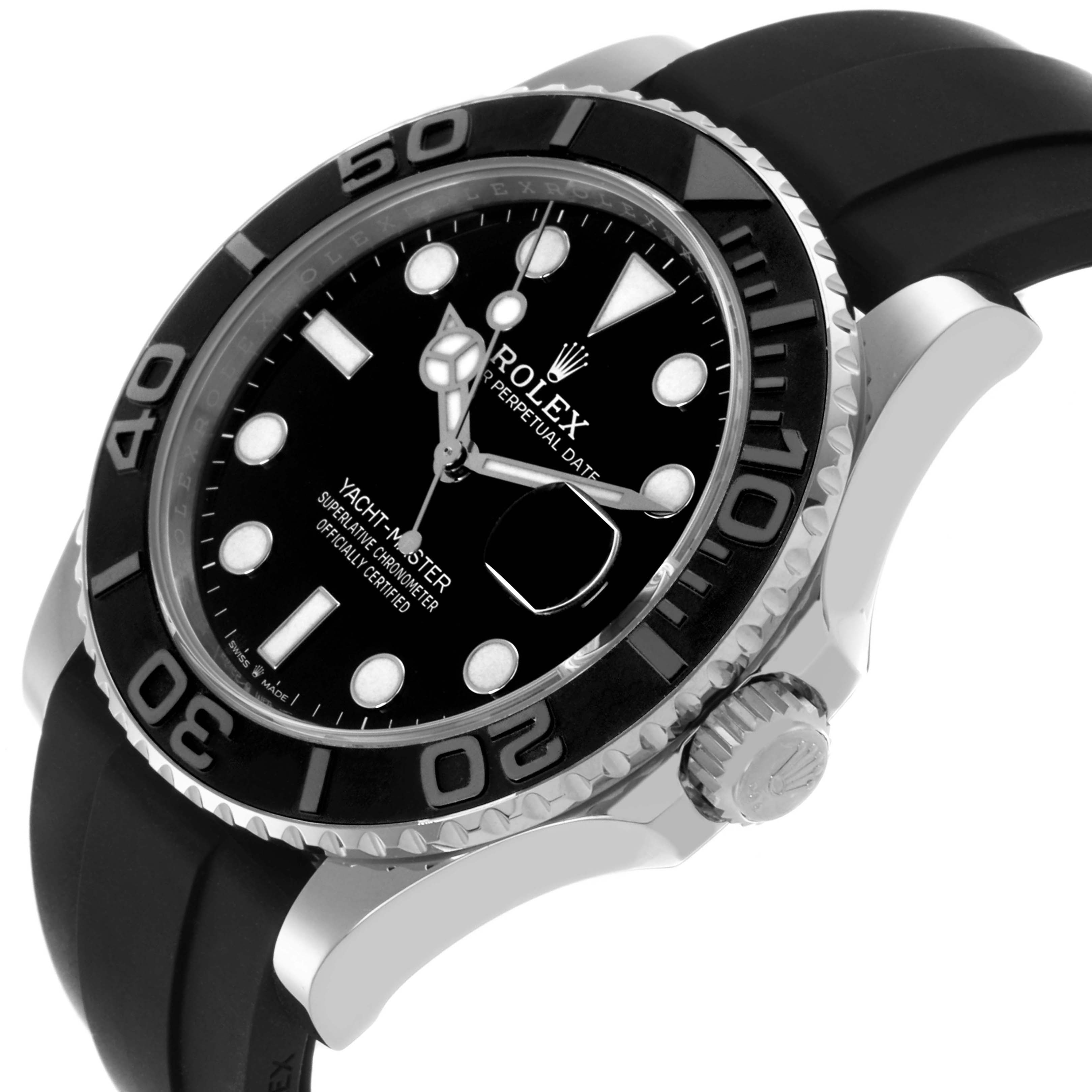 The Rolex Yacht-Master 226659 Men's White Gold Black Dial 226659 Men's White Gold Black Dial watch is shown at a slight side angle, highlighting the bezel, crown, dial, and rubber strap.