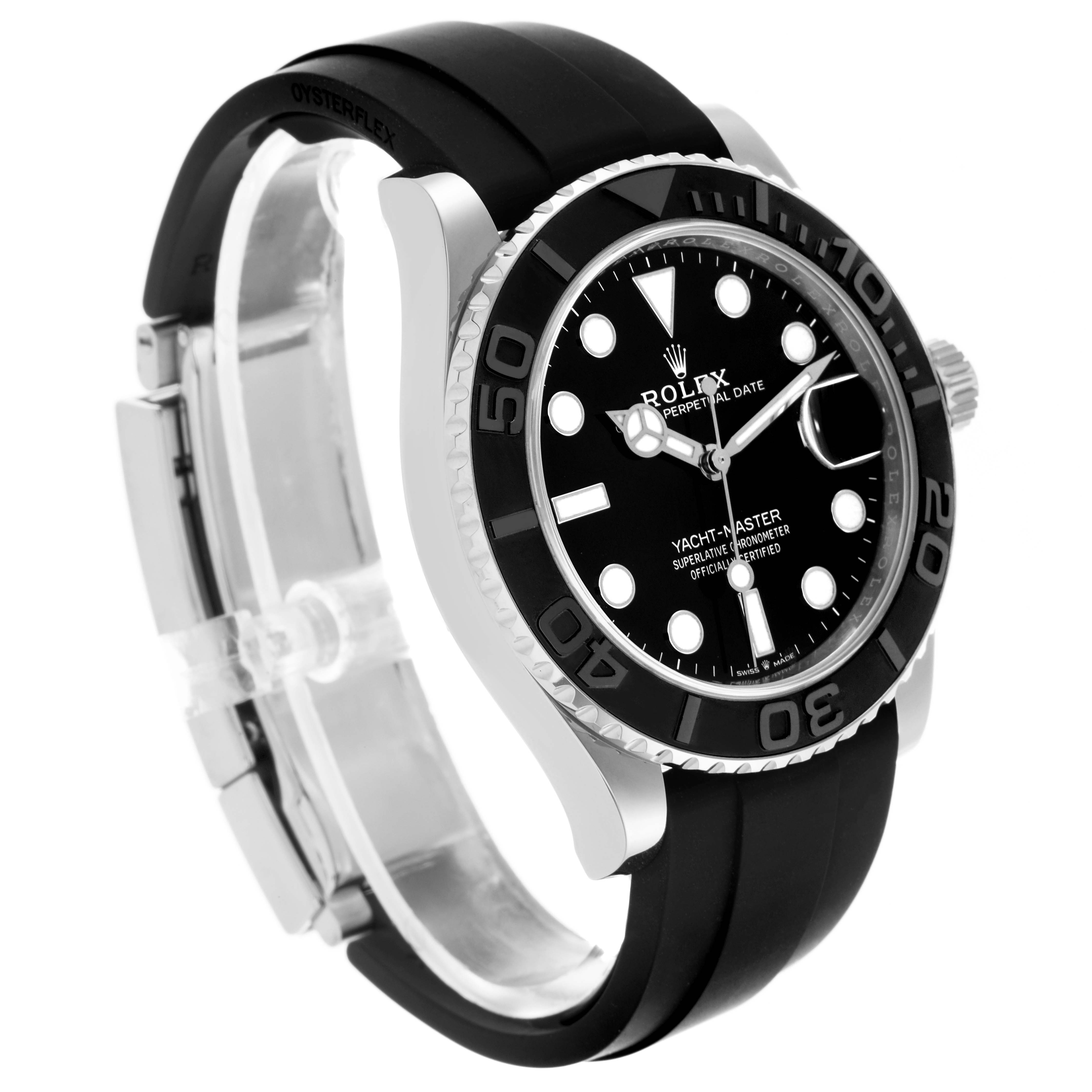 The Rolex Yacht-Master 226659 Men's White Gold Black Dial 226659 Men's White Gold Black Dial watch is shown at a side angle, highlighting the black dial, bezel, and rubber strap.