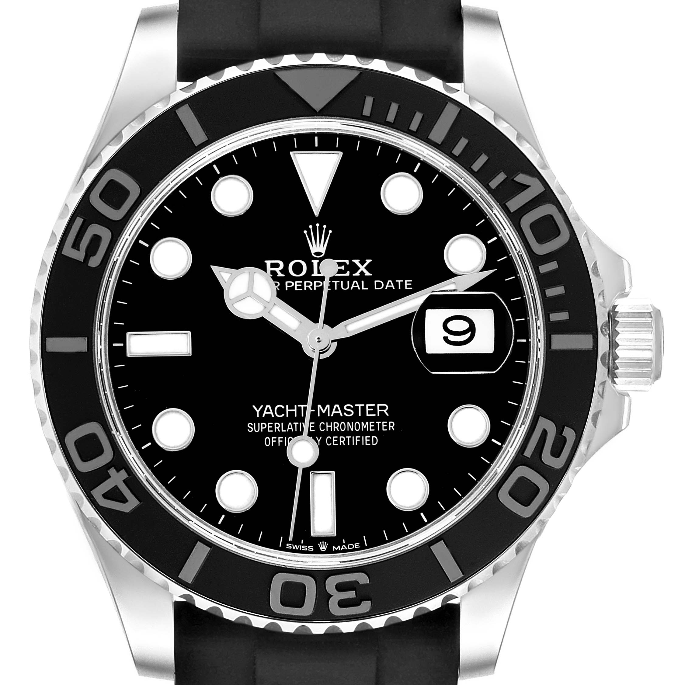 The Rolex Yacht-Master 226659 Men's White Gold Black Dial 226659 Men's White Gold Black Dial watch is shown from the front, displaying the dial, bezel, and crown with a rubber strap.