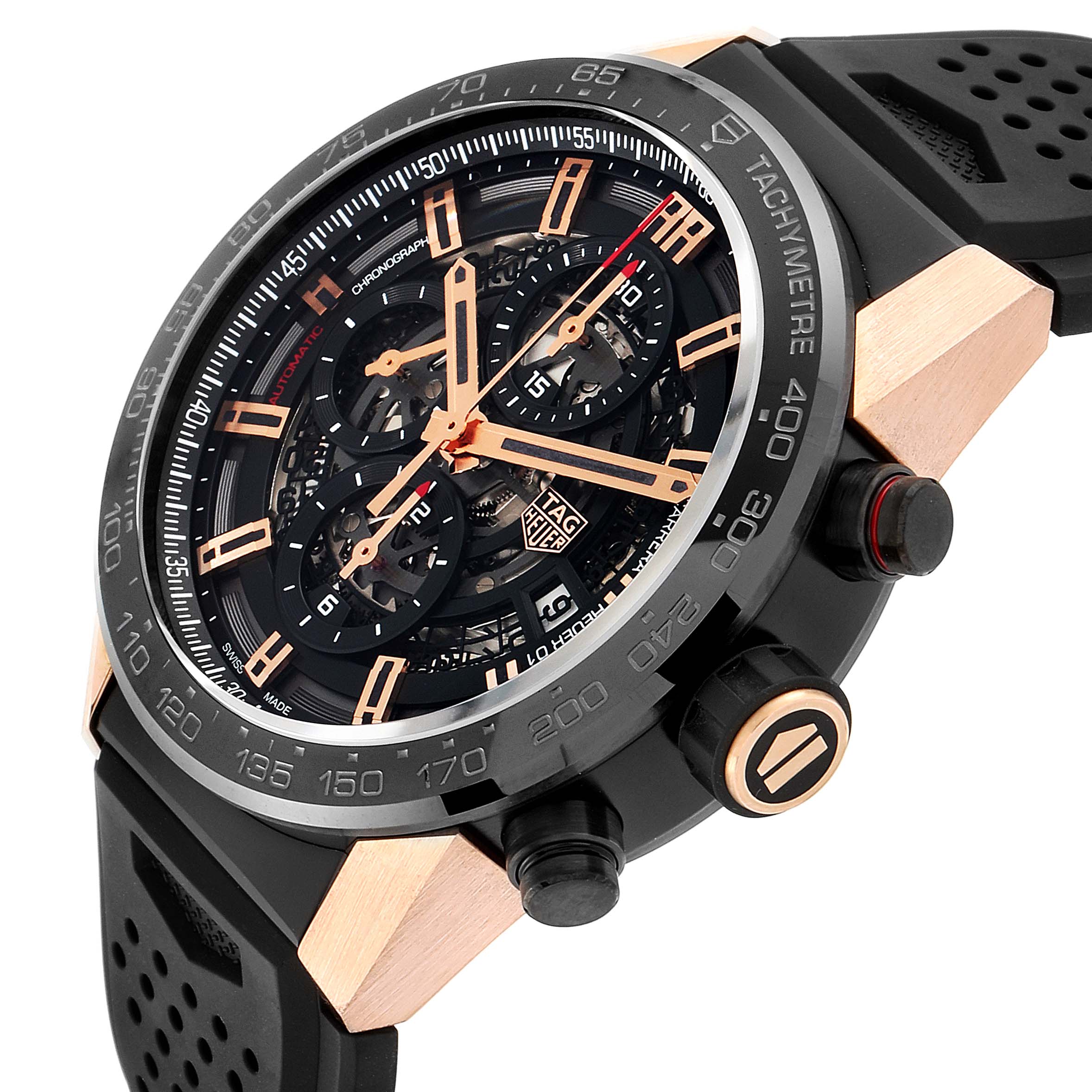 This image shows a close-up angle of the Tag Heuer Carrera CAR205A.FT6087 Men's Titanium Black Dial CAR205A.FT6087 Men's Titanium Black Dial model watch, highlighting its intricate dial and side pushers.