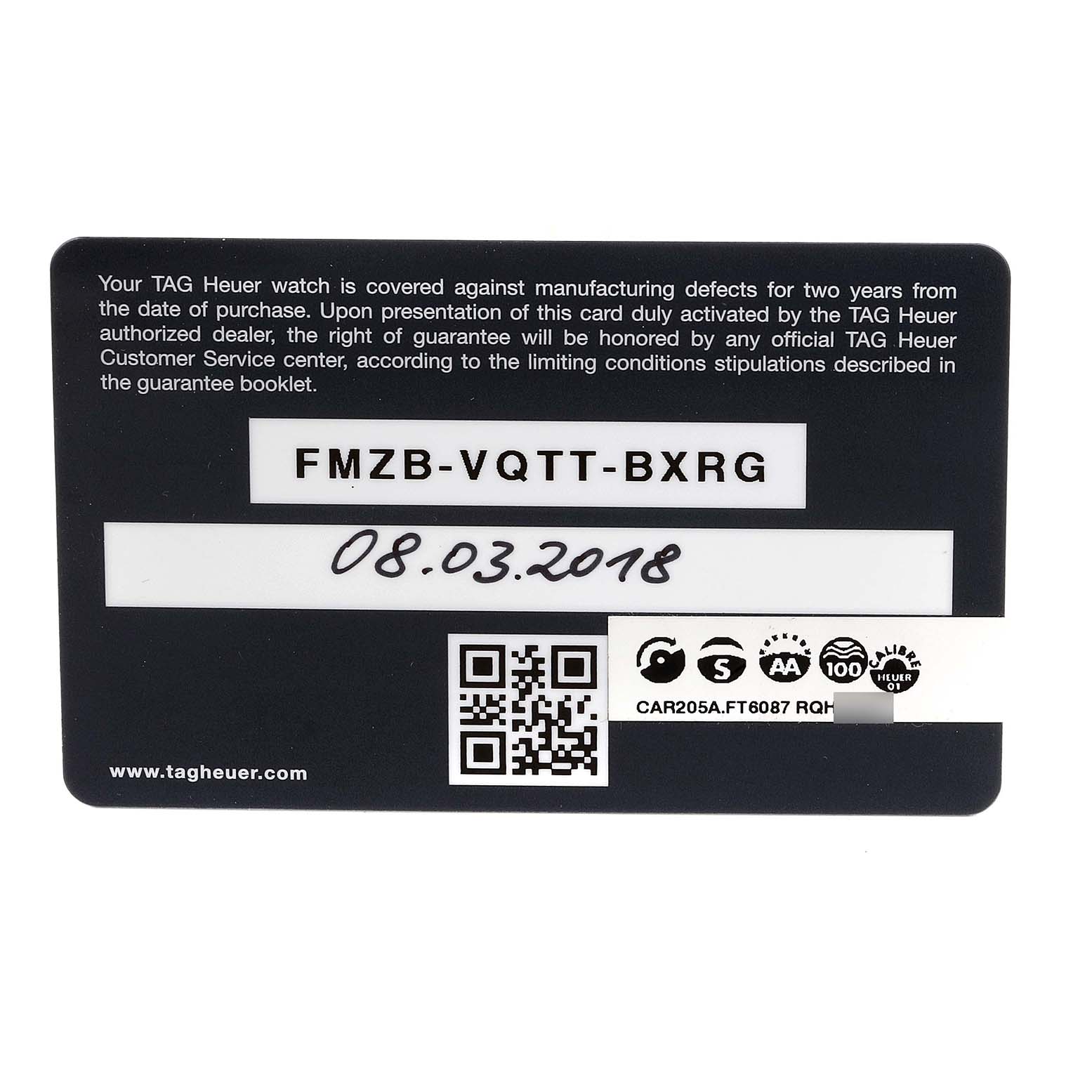 This is an image of a Tag Heuer Carrera CAR205A.FT6087 Men's Titanium Black Dial CAR205A.FT6087 Men's Titanium Black Dial model warranty card showing the serial number and purchase date.