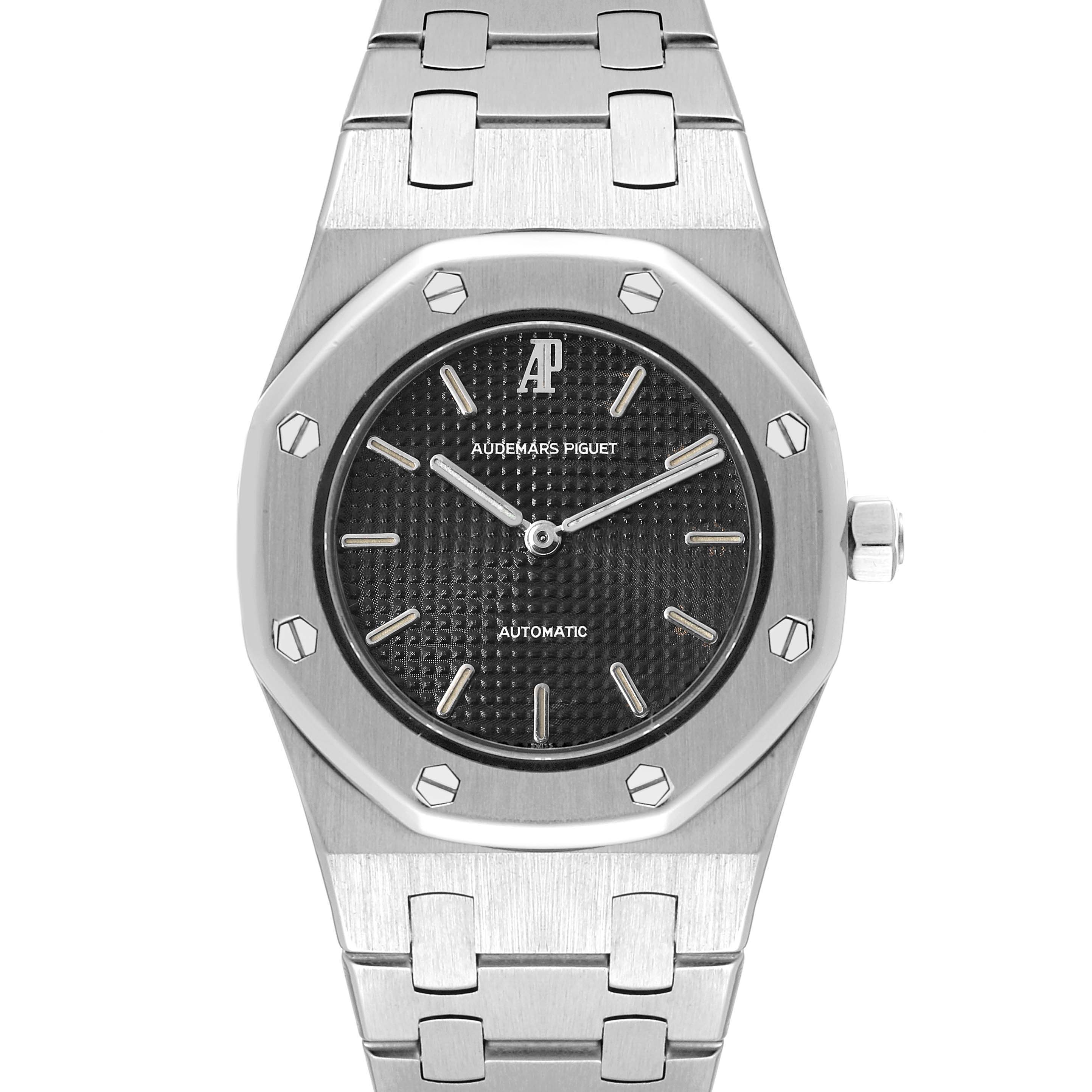 This image shows a front view of the Audemars Piguet Royal Oak Women's Stainless Steel Black Dial Women's Stainless Steel Black Dial watch, displaying its dial, bezel, and part of the bracelet.
