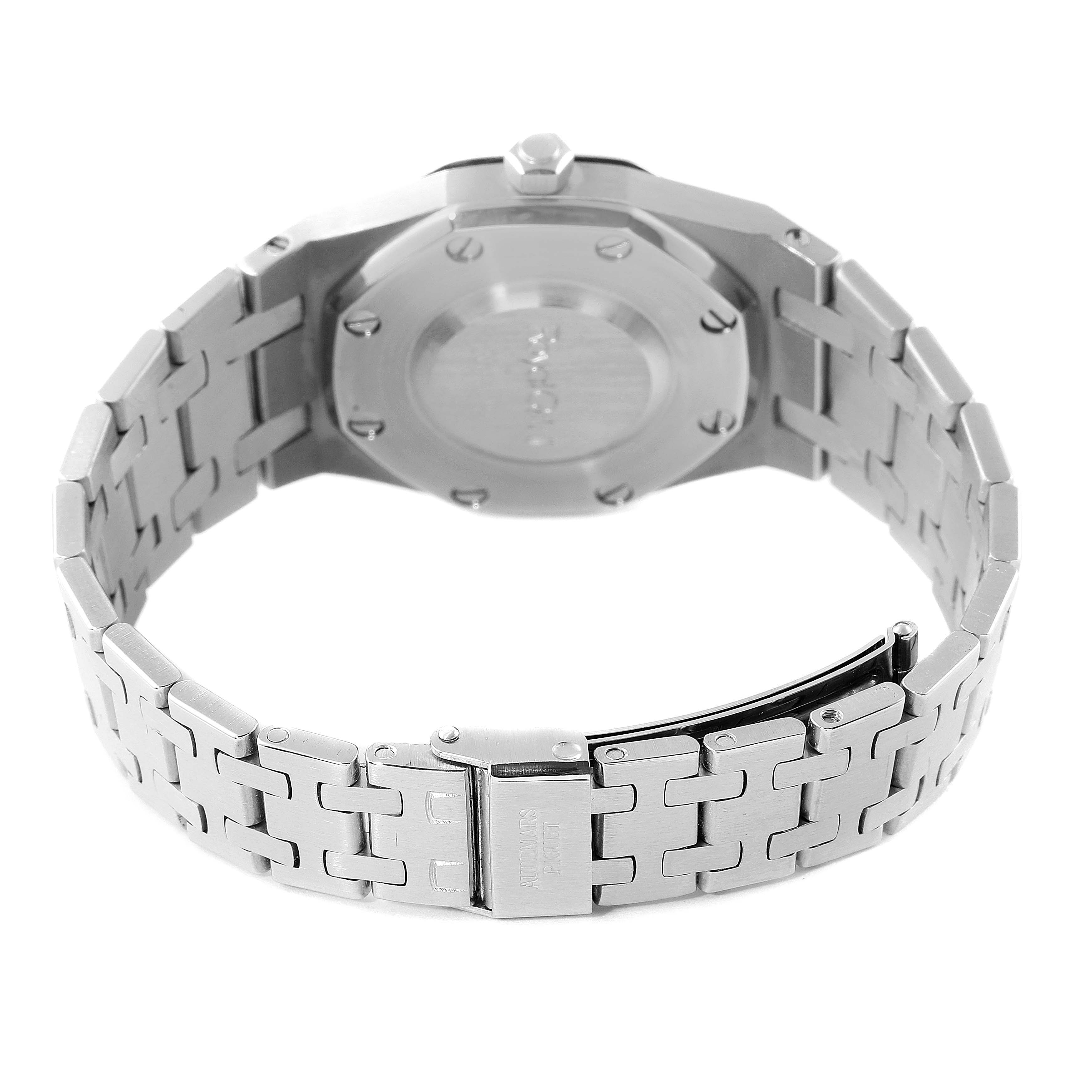 This image shows the rear view of the Royal Oak model by Audemars Piguet, highlighting its case back and bracelet.