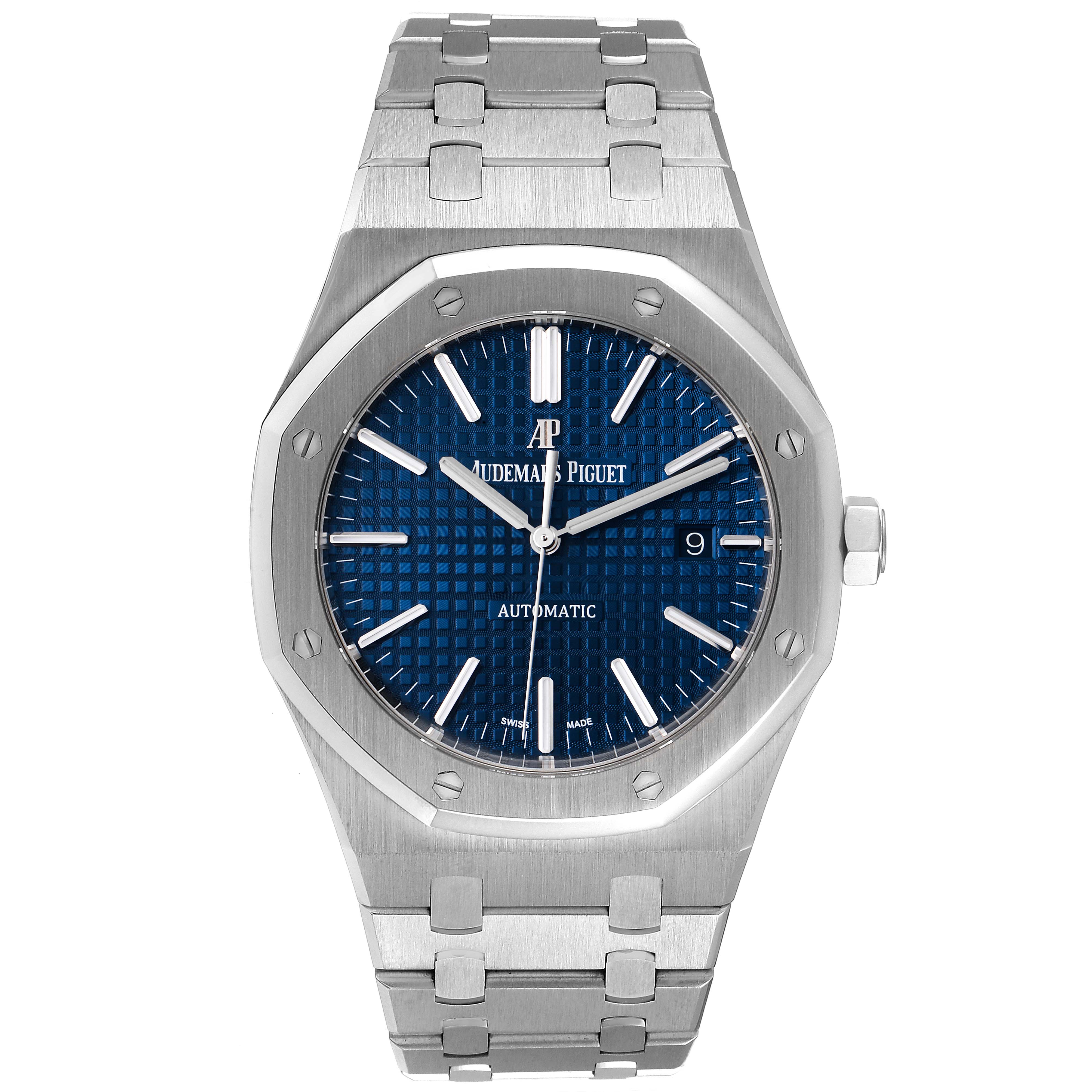 This image shows a front view of the Audemars Piguet Royal Oak 15400ST.OO.1220ST.03 Men's Stainless Steel Blue Dial 15400ST.OO.1220ST.03 Men's Stainless Steel Blue Dial watch, including the dial, hands, bezel, and bracelet.