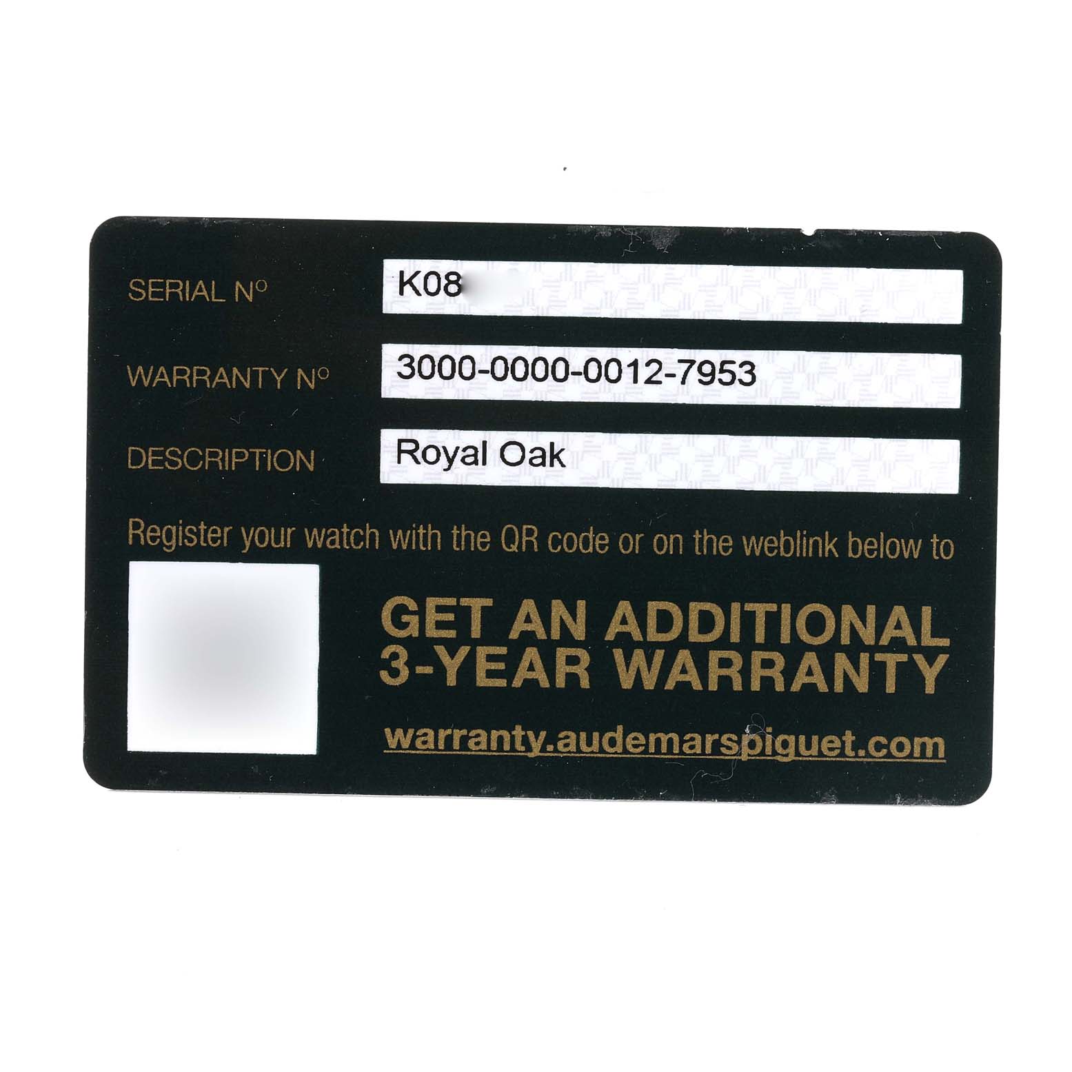 The image shows a warranty card for an Audemars Piguet Royal Oak 15400ST.OO.1220ST.03 Men's Stainless Steel Blue Dial 15400ST.OO.1220ST.03 Men's Stainless Steel Blue Dial watch.