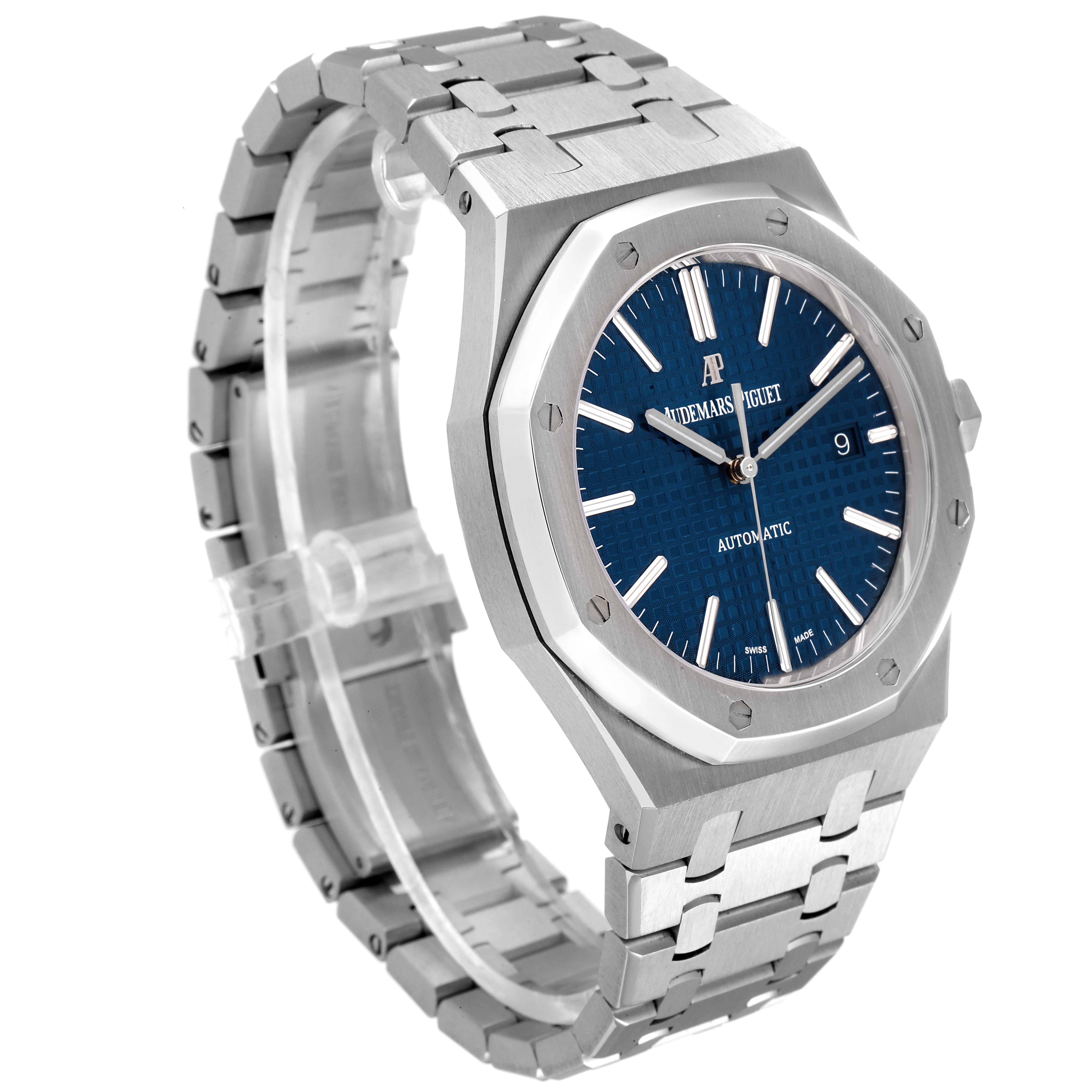 The image shows a side view of the Royal Oak watch model by Audemars Piguet, highlighting its blue dial, metallic case, and bracelet.