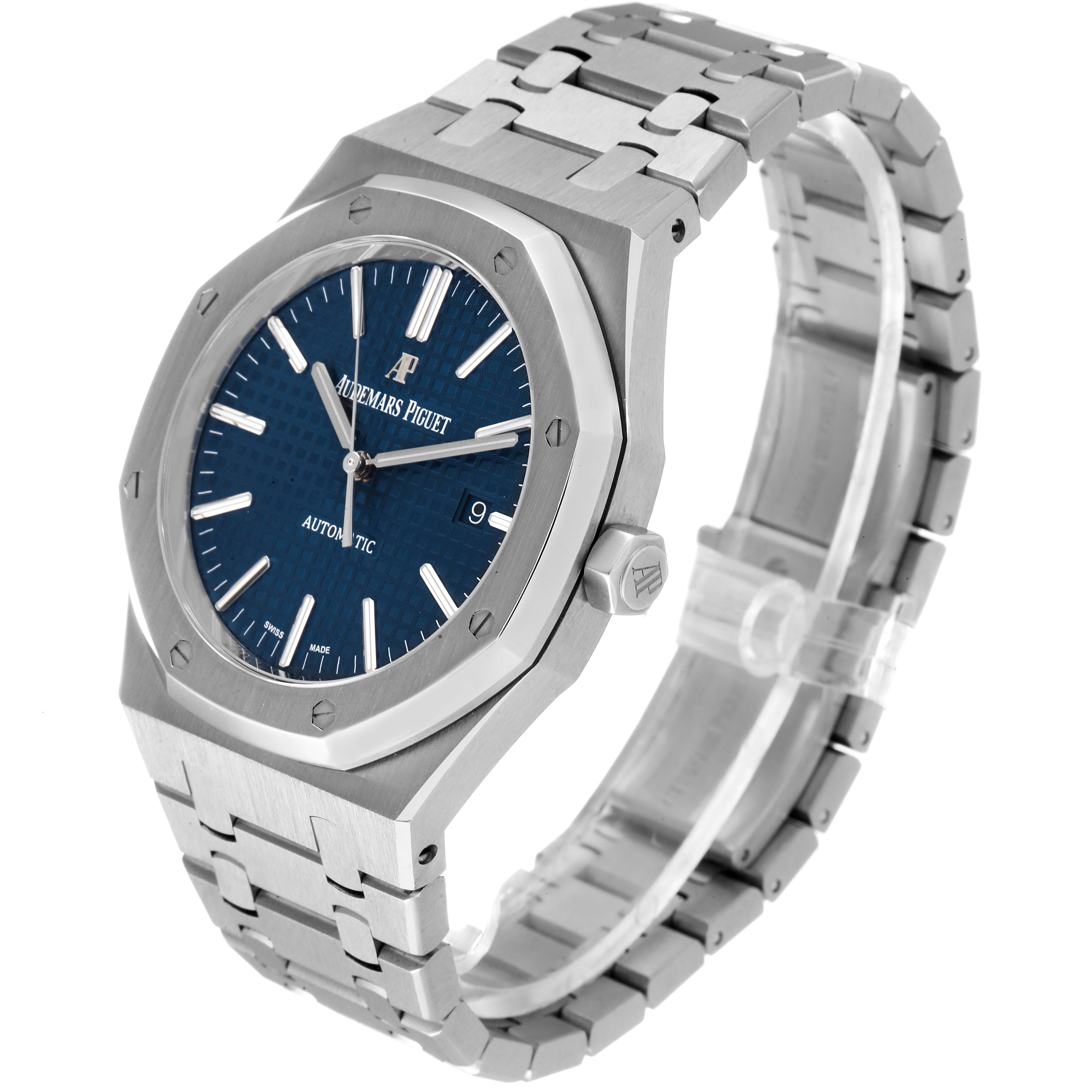 The image shows a side and front angle of an Audemars Piguet Royal Oak 15400ST.OO.1220ST.03 Men's Stainless Steel Blue Dial 15400ST.OO.1220ST.03 Men's Stainless Steel Blue Dial watch, highlighting its blue dial and stainless steel bracelet.
