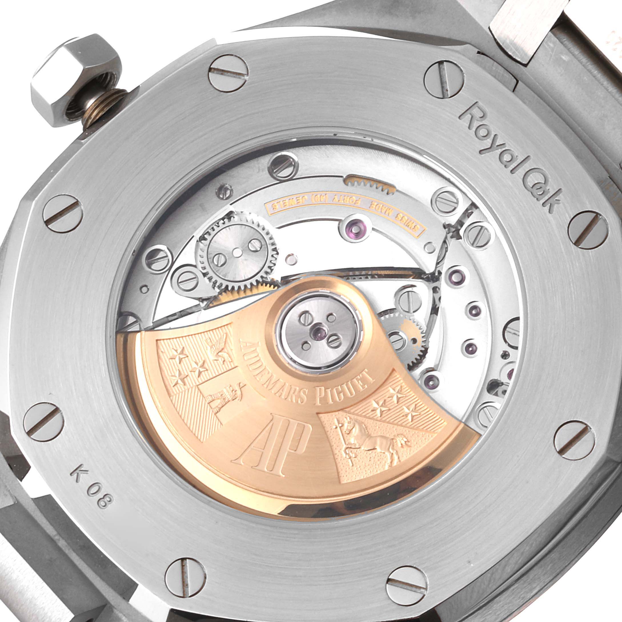 The image shows the back view of the Audemars Piguet Royal Oak 15400ST.OO.1220ST.03 Men's Stainless Steel Blue Dial 15400ST.OO.1220ST.03 Men's Stainless Steel Blue Dial model, highlighting the watch movement and intricate mechanics.