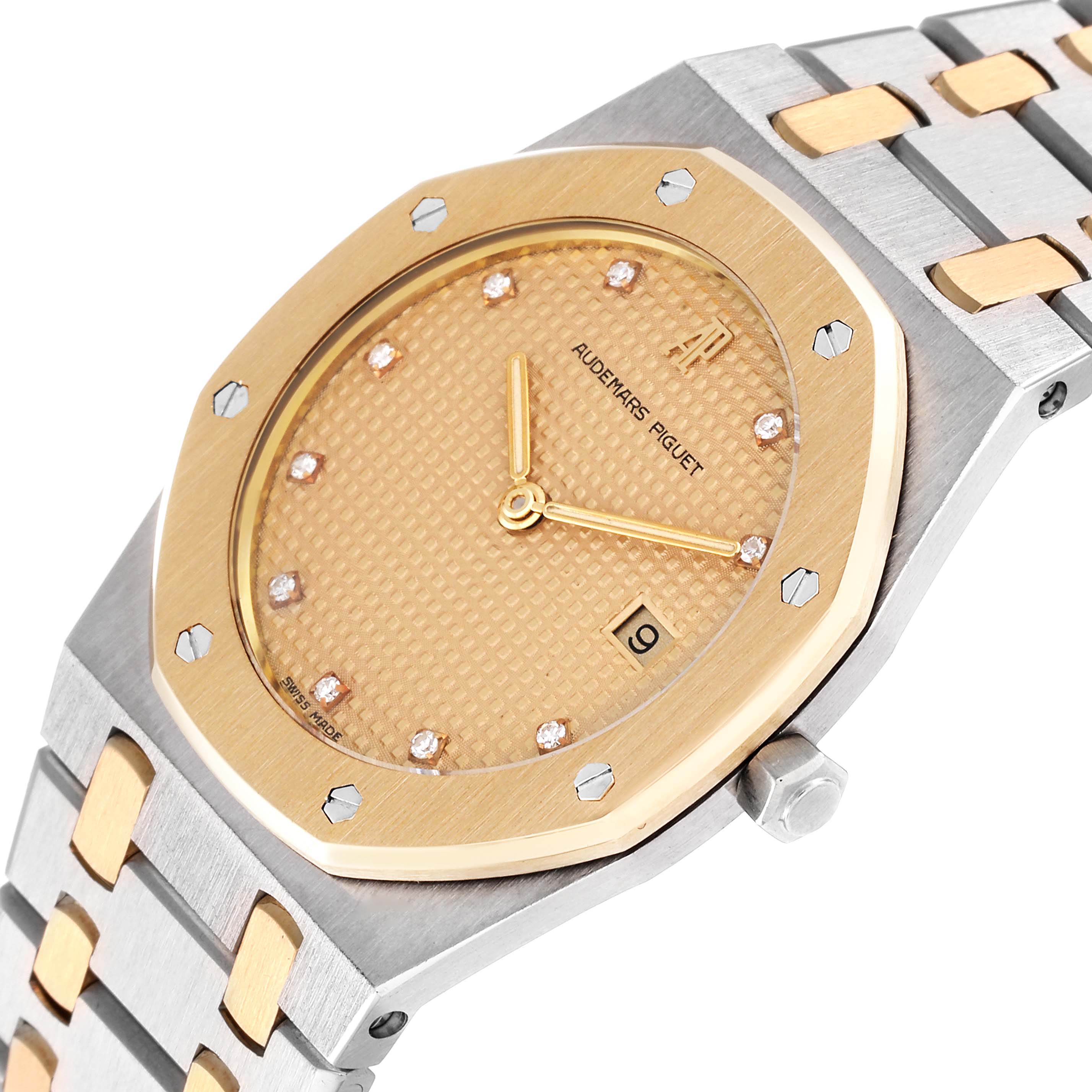 The image showcases the face, bezel, crown, and part of the bracelet of an Audemars Piguet Royal Oak 56175SA Men's Steel and Gold (two tone) Champagne Dial 56175SA Men's Steel and Gold (two tone) Champagne Dial watch at an angle.