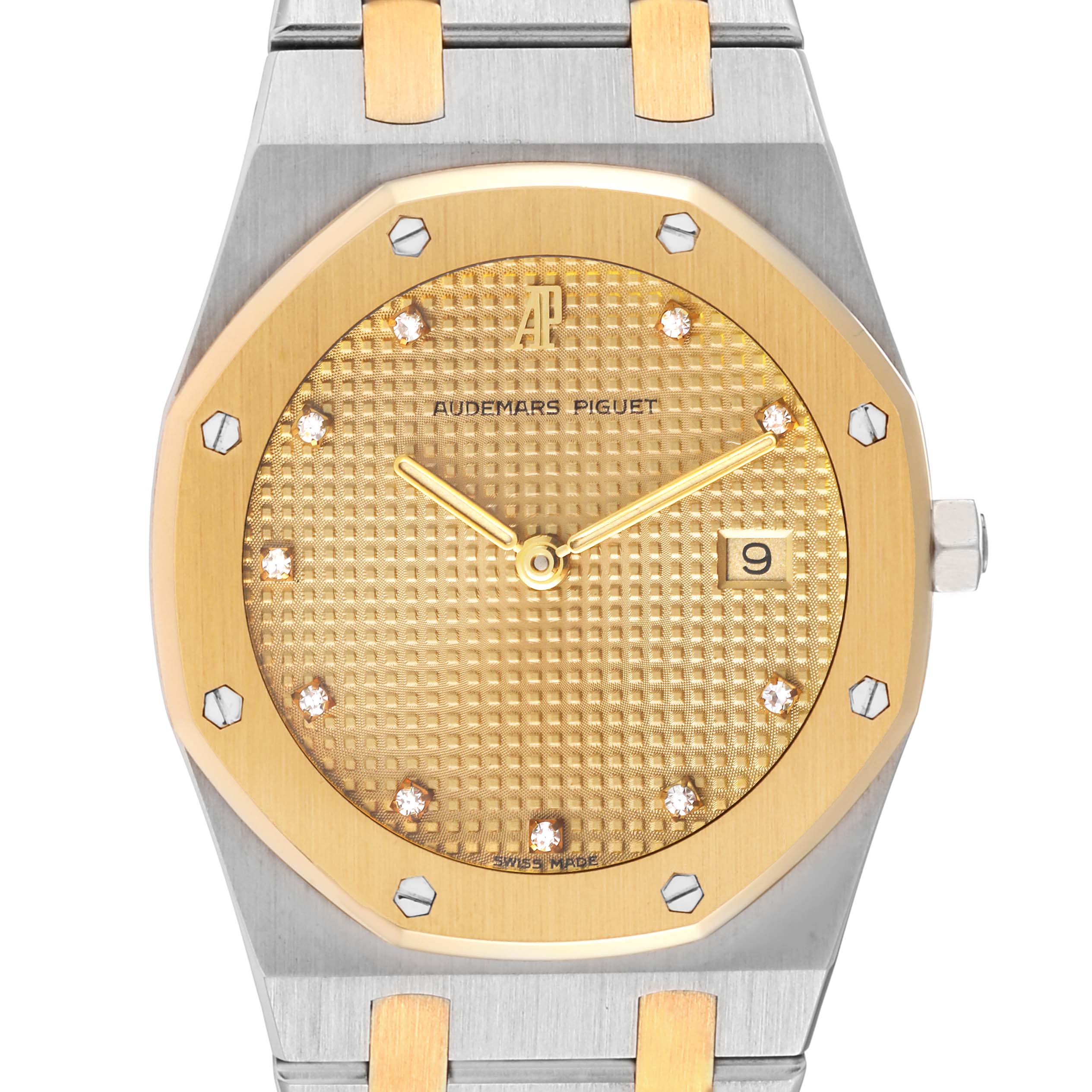 The image shows a front view of an Audemars Piguet Royal Oak 56175SA Men's Steel and Gold (two tone) Champagne Dial 56175SA Men's Steel and Gold (two tone) Champagne Dial watch, highlighting its gold dial, date window, and distinctive octagonal bezel.