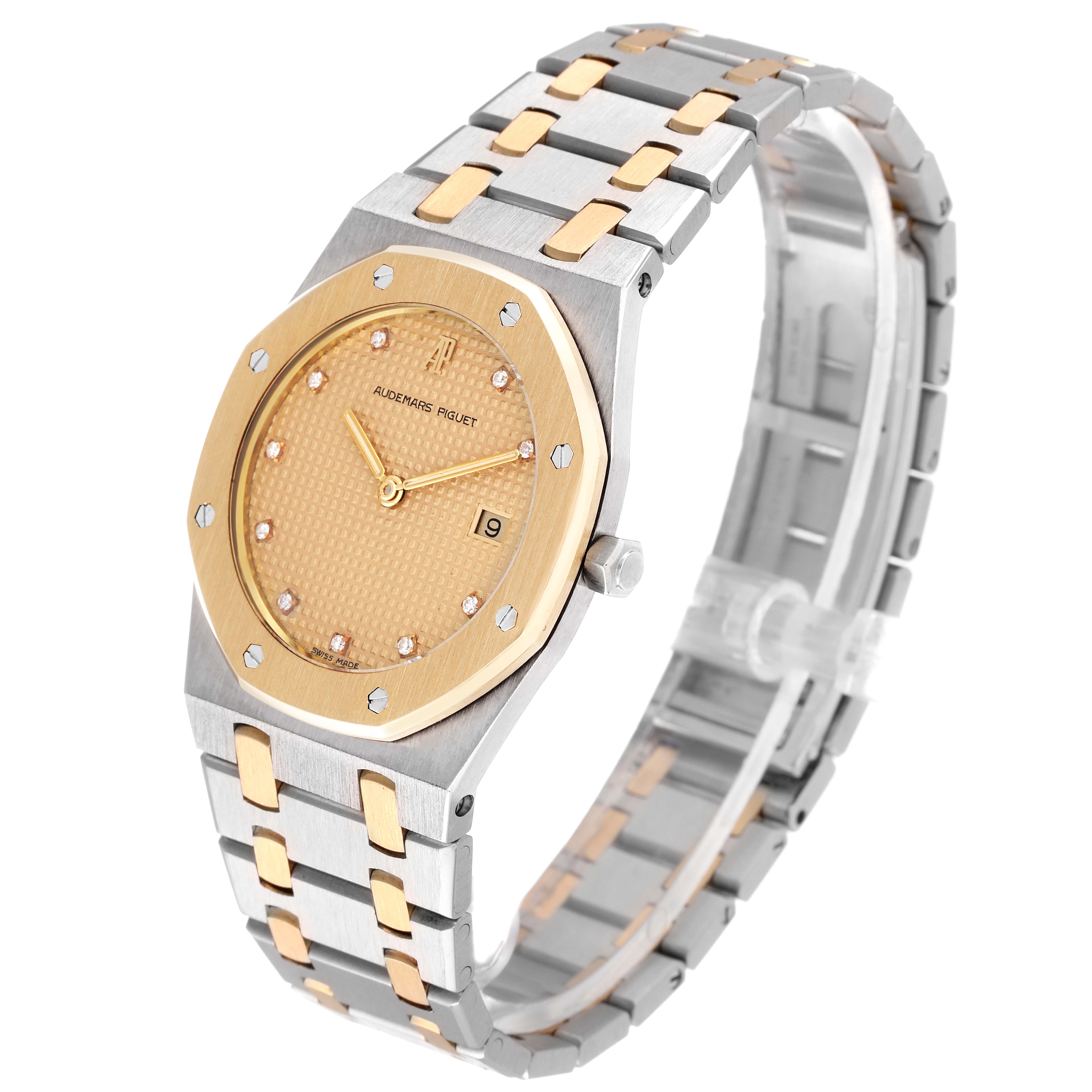 The image shows an Audemars Piguet Royal Oak 56175SA Men's Steel and Gold (two tone) Champagne Dial 56175SA Men's Steel and Gold (two tone) Champagne Dial watch at an angle highlighting its face, bezel, crown, and bracelet.