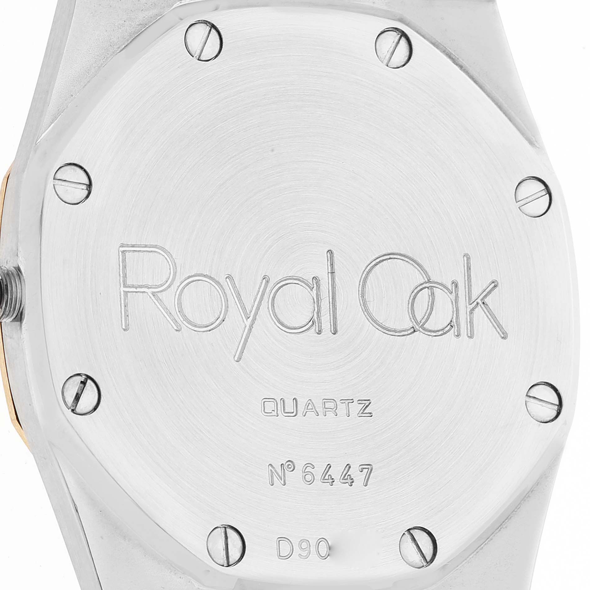 This image shows the case back of an Audemars Piguet Royal Oak 56175SA.OO.0789SA.01 Men's Steel and Gold (two tone) Grey Dial 56175SA.OO.0789SA.01 Men's Steel and Gold (two tone) Grey Dial watch.