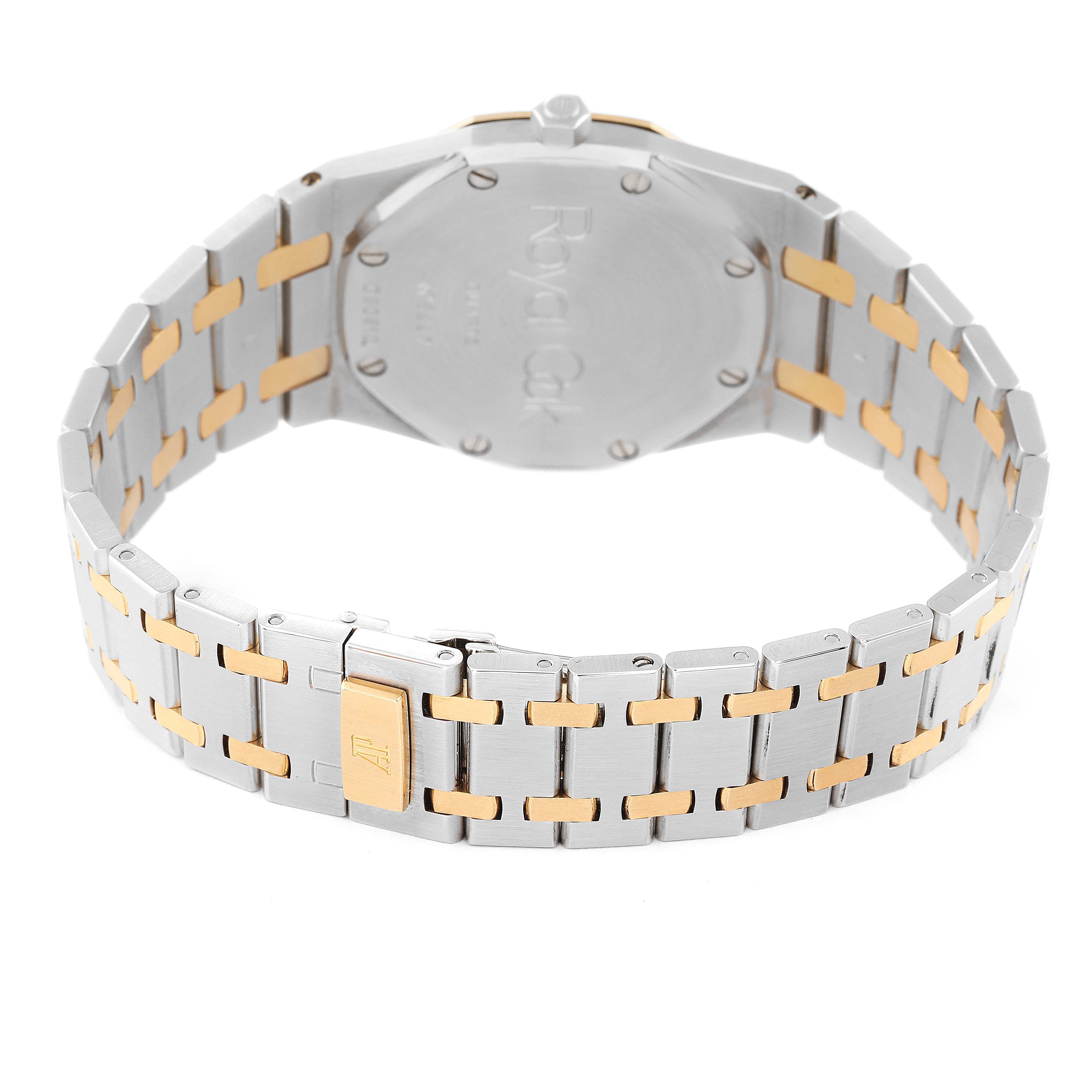 The image shows the back of an Audemars Piguet Royal Oak 56175SA.OO.0789SA.01 Men's Steel and Gold (two tone) Grey Dial 56175SA.OO.0789SA.01 Men's Steel and Gold (two tone) Grey Dial watch, highlighting its case and two-tone bracelet.