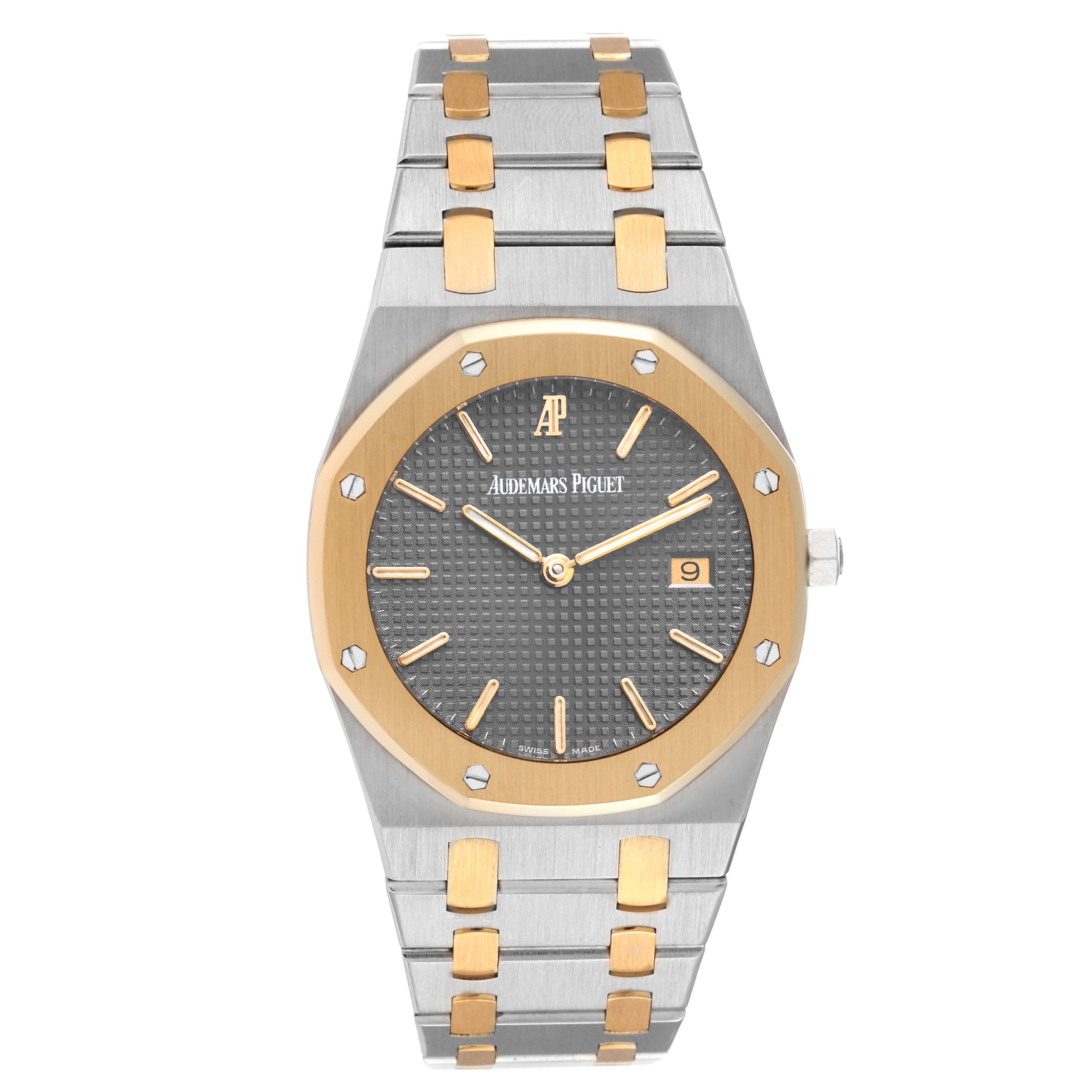 The image shows a frontal view of a Royal Oak watch by Audemars Piguet, highlighting the face, bezel, and bracelet.