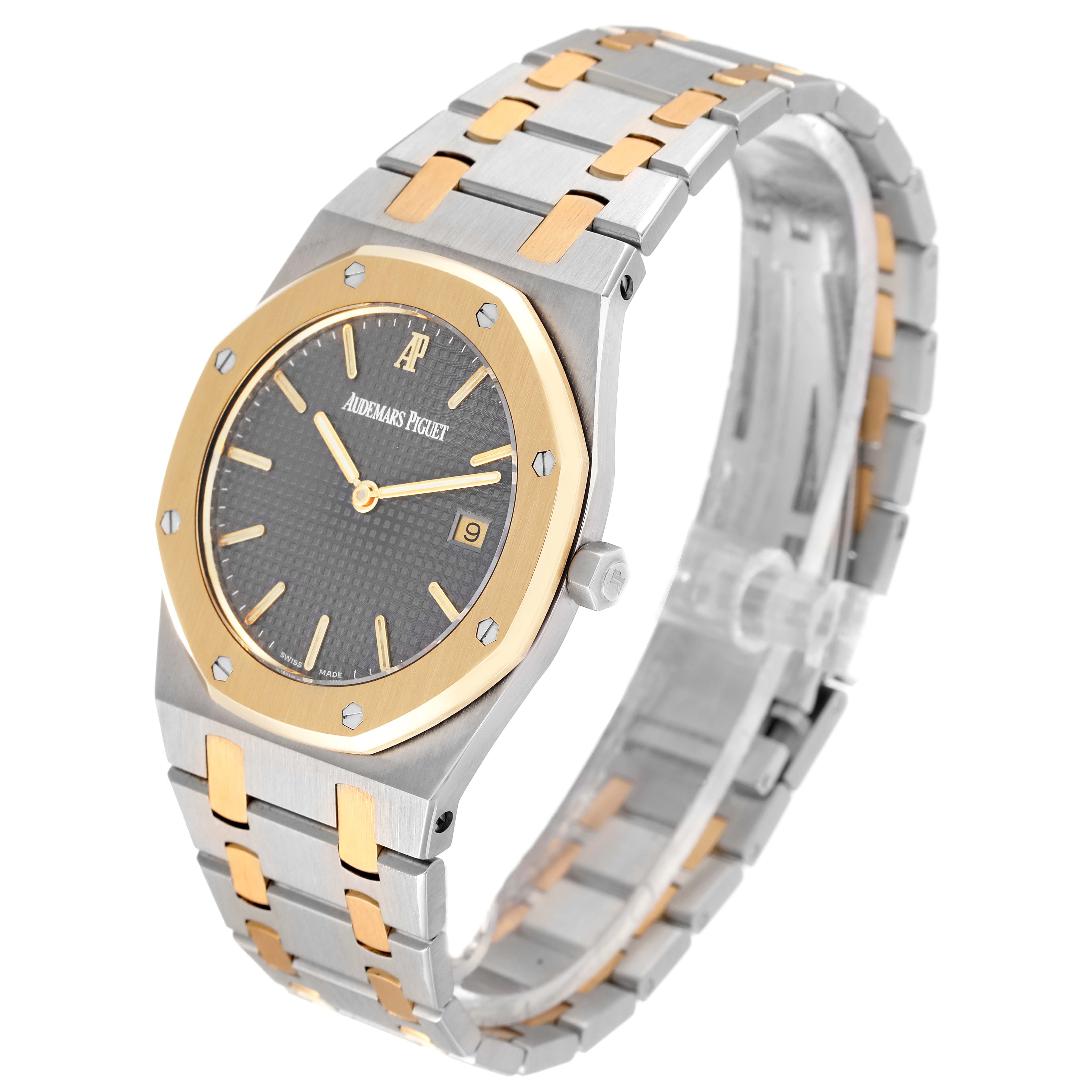 The Audemars Piguet Royal Oak 56175SA.OO.0789SA.01 Men's Steel and Gold (two tone) Grey Dial 56175SA.OO.0789SA.01 Men's Steel and Gold (two tone) Grey Dial watch is shown at a three-quarter angle, highlighting the dial, bezel, crown, bracelet, and clasp.