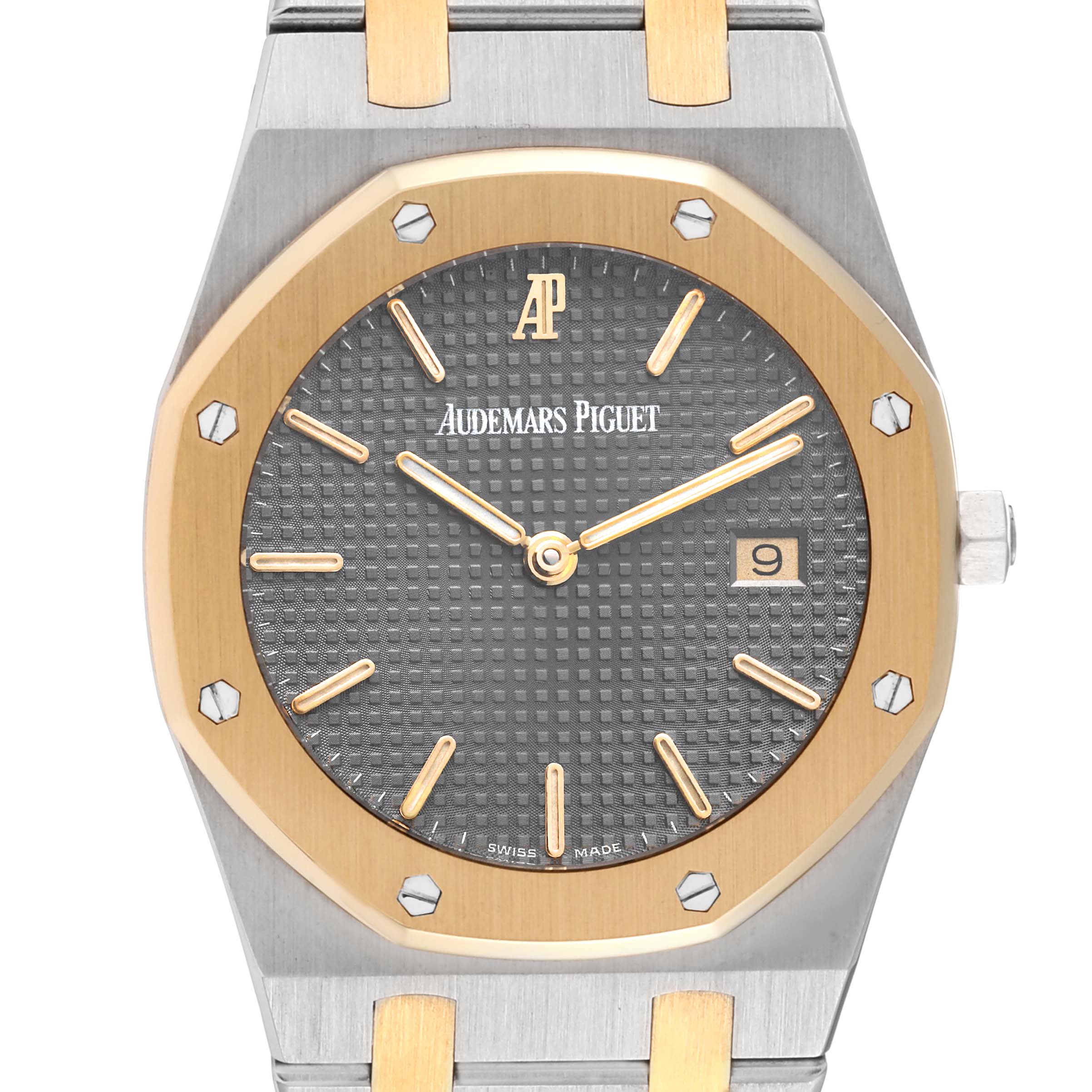 The image shows a front view of an Audemars Piguet Royal Oak 56175SA.OO.0789SA.01 Men's Steel and Gold (two tone) Grey Dial 56175SA.OO.0789SA.01 Men's Steel and Gold (two tone) Grey Dial watch, highlighting the dial, bezel, and part of the bracelet.