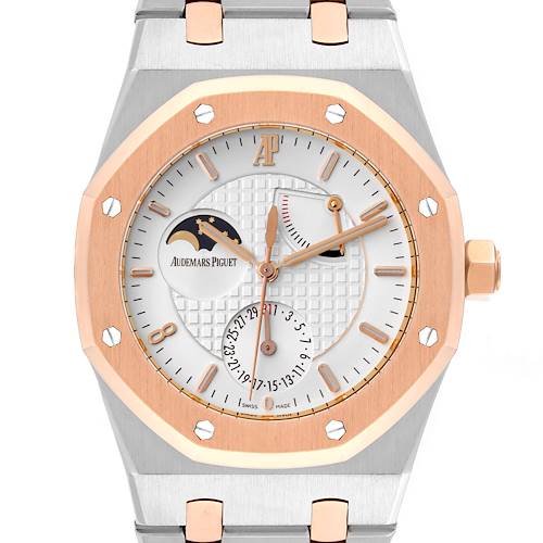 The Audemars Piguet Royal Oak watch is shown from the front, displaying its face, bezel, and part of the bracelet.