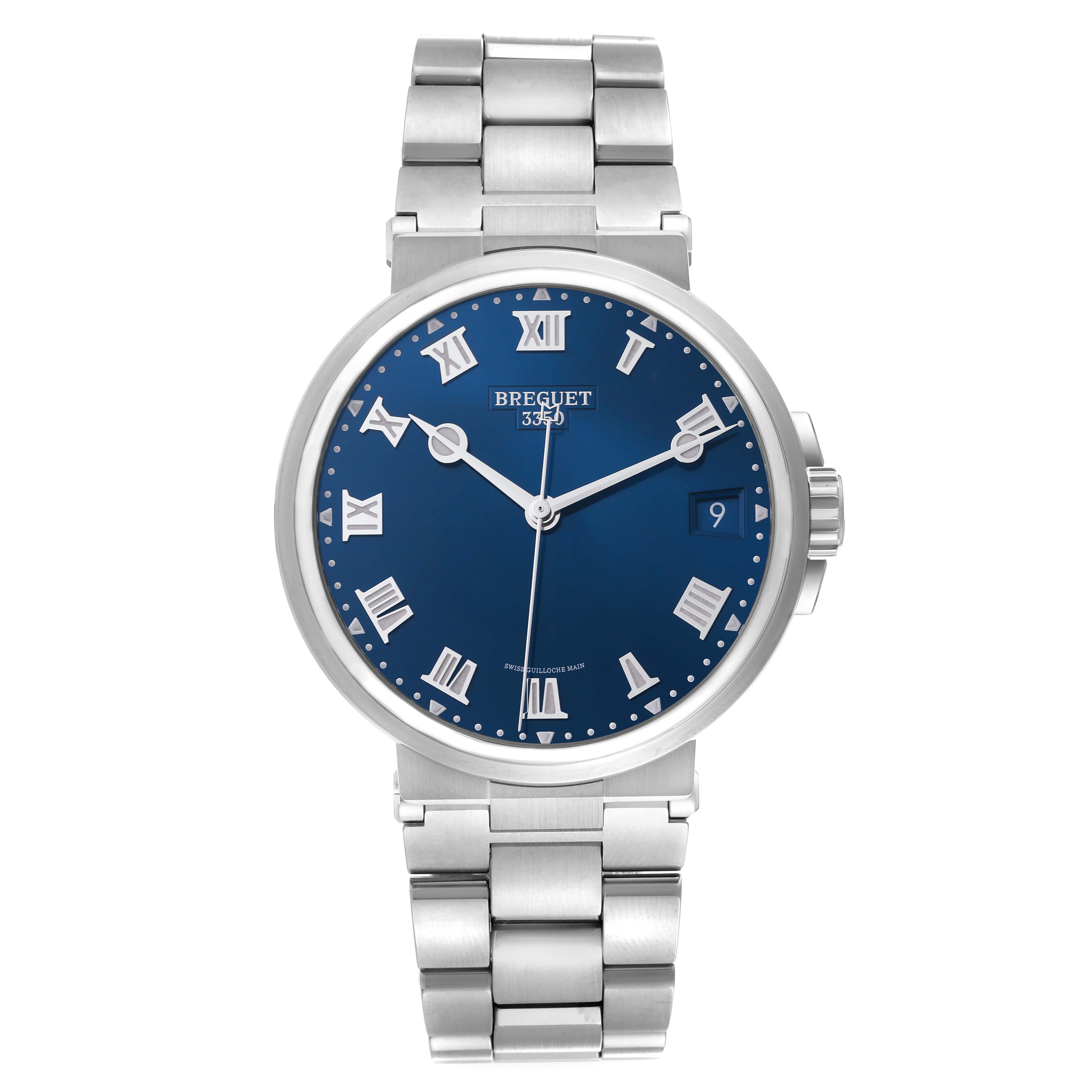 The Breguet Marine 5517TI/Y1/TZ0 Men's Titanium Blue Dial 5517TI/Y1/TZ0 Men's Titanium Blue Dial watch is shown from the front, highlighting its blue dial, Roman numerals, and metal bracelet.