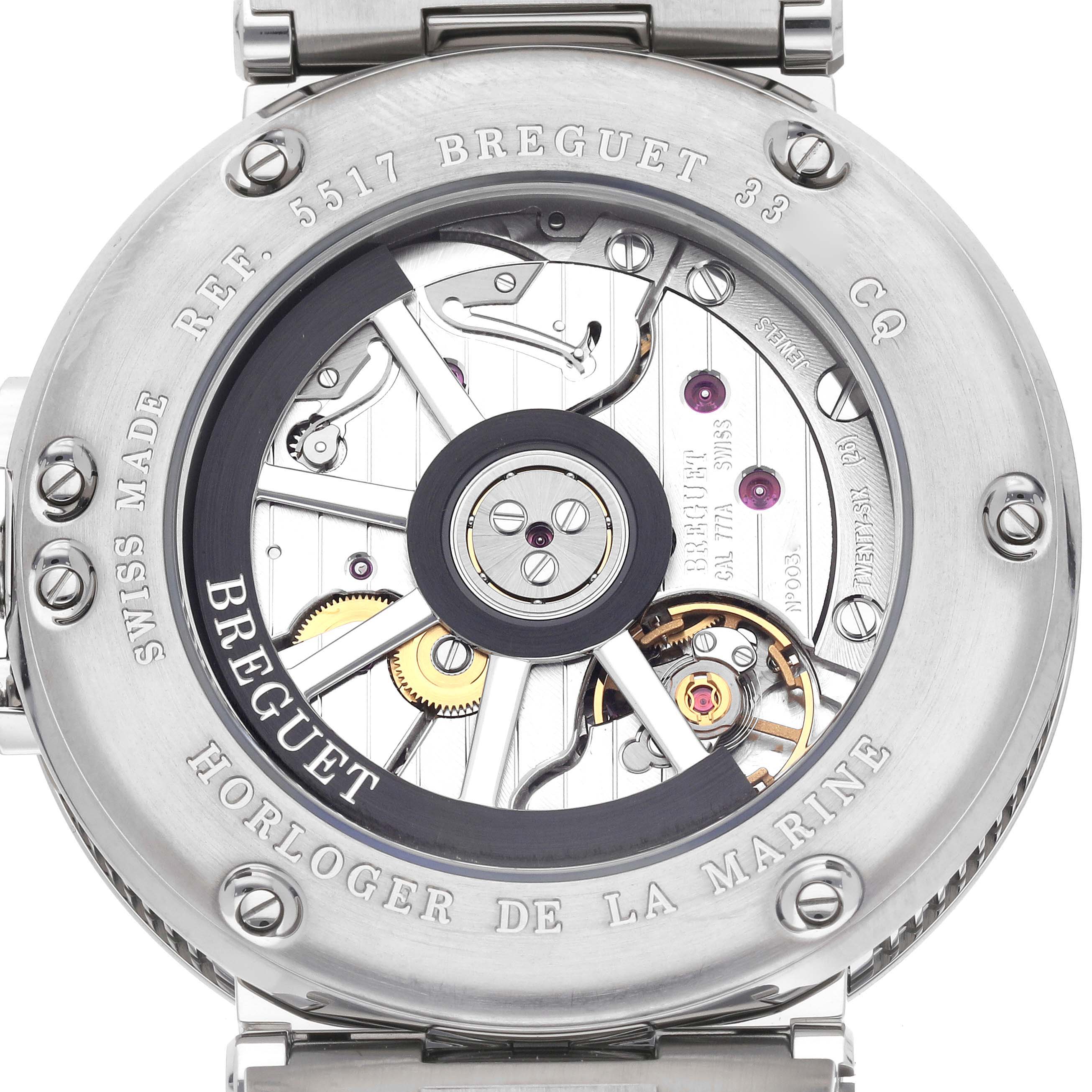 The image shows the back of the Breguet Marine 5517TI/Y1/TZ0 Men's Titanium Blue Dial 5517TI/Y1/TZ0 Men's Titanium Blue Dial watch, highlighting its movement and internal components.