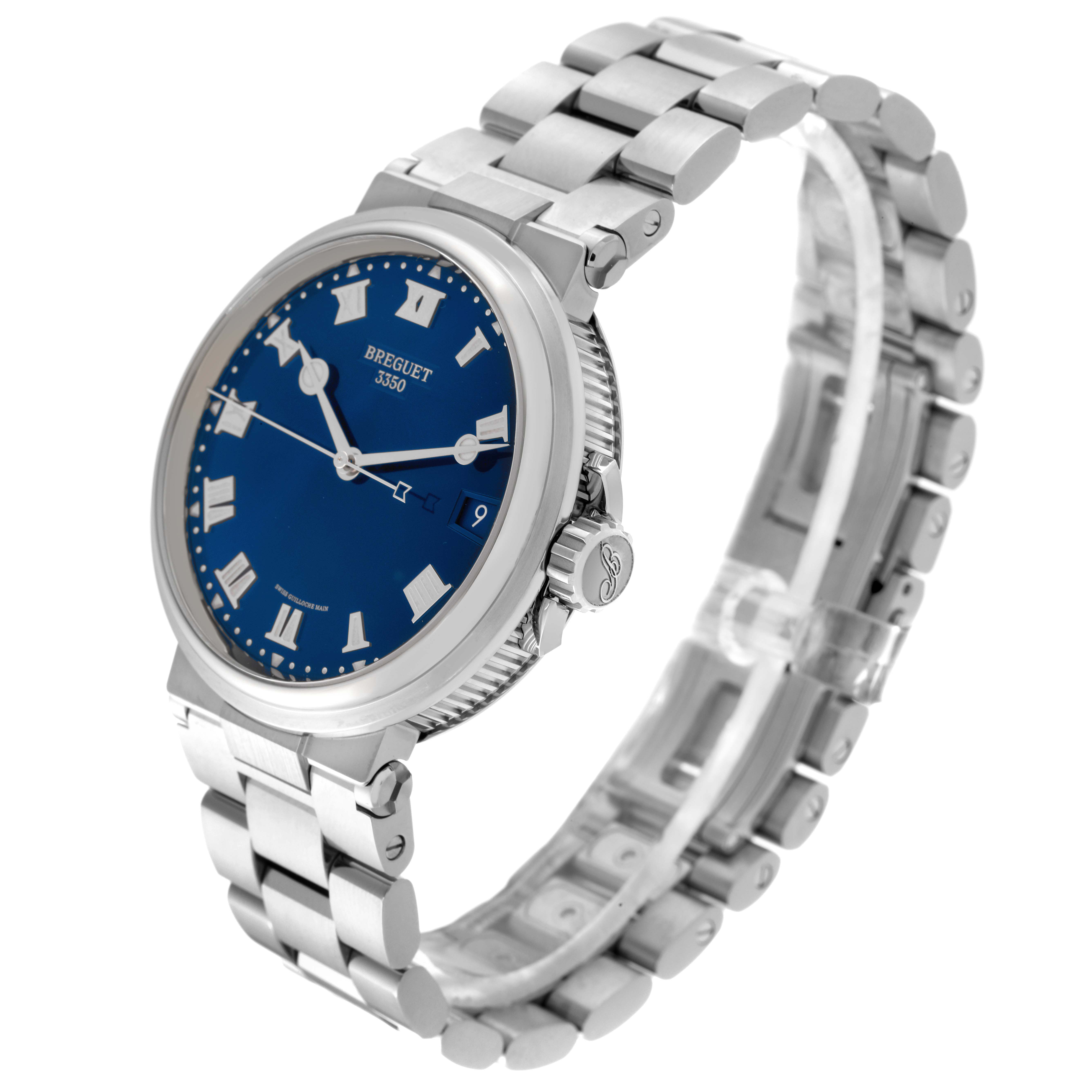 The Breguet Marine 5517TI/Y1/TZ0 Men's Titanium Blue Dial 5517TI/Y1/TZ0 Men's Titanium Blue Dial watch is shown at a three-quarter angle, displaying the dial, bezel, case, and metal bracelet.