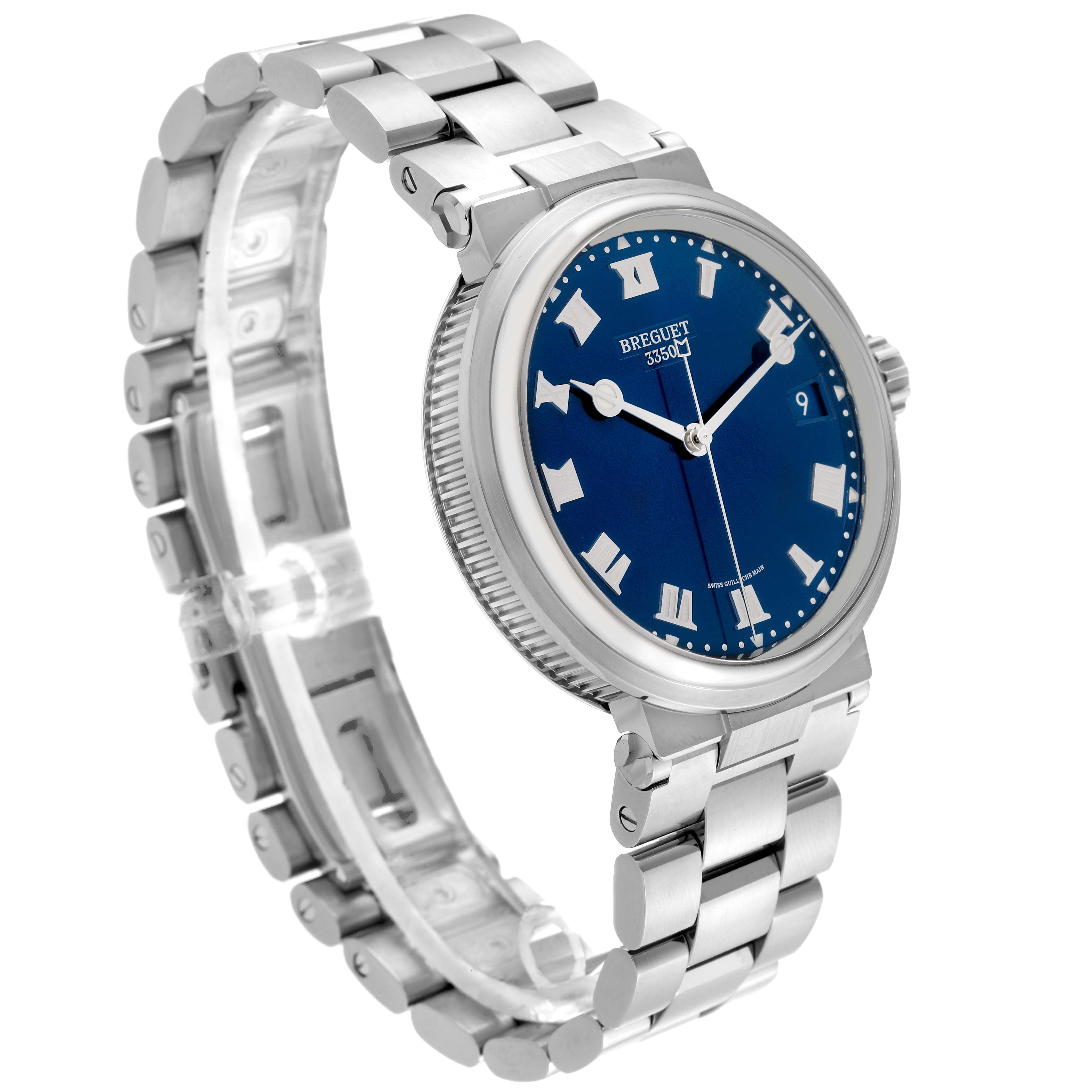 The Breguet Marine 5517TI/Y1/TZ0 Men's Titanium Blue Dial 5517TI/Y1/TZ0 Men's Titanium Blue Dial watch is shown at a three-quarter angle, highlighting the blue dial, hands, markers, and metal bracelet.