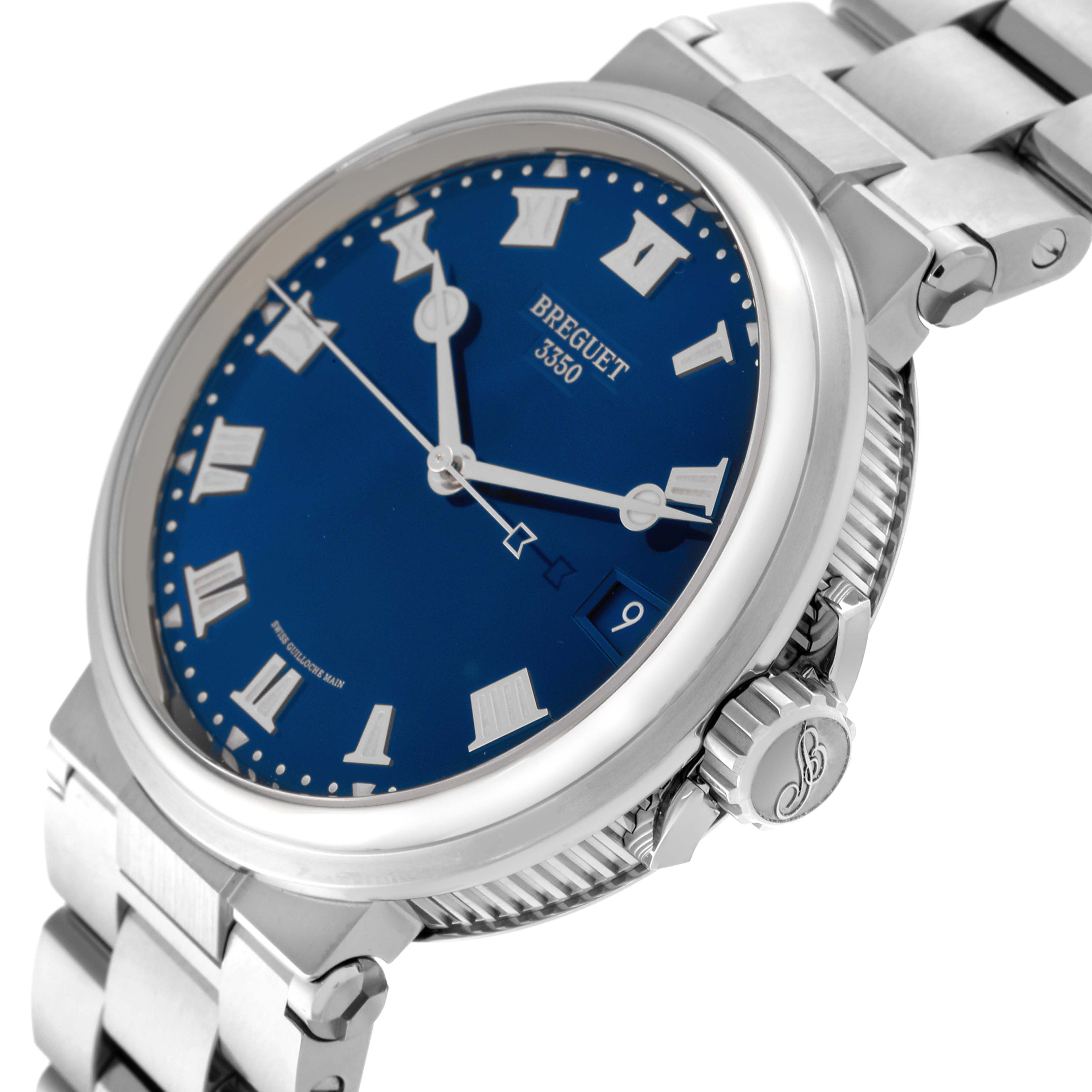 The Breguet Marine 5517TI/Y1/TZ0 Men's Titanium Blue Dial 5517TI/Y1/TZ0 Men's Titanium Blue Dial watch is shown at a side angle, highlighting the blue dial, Roman numerals, and metal bracelet.