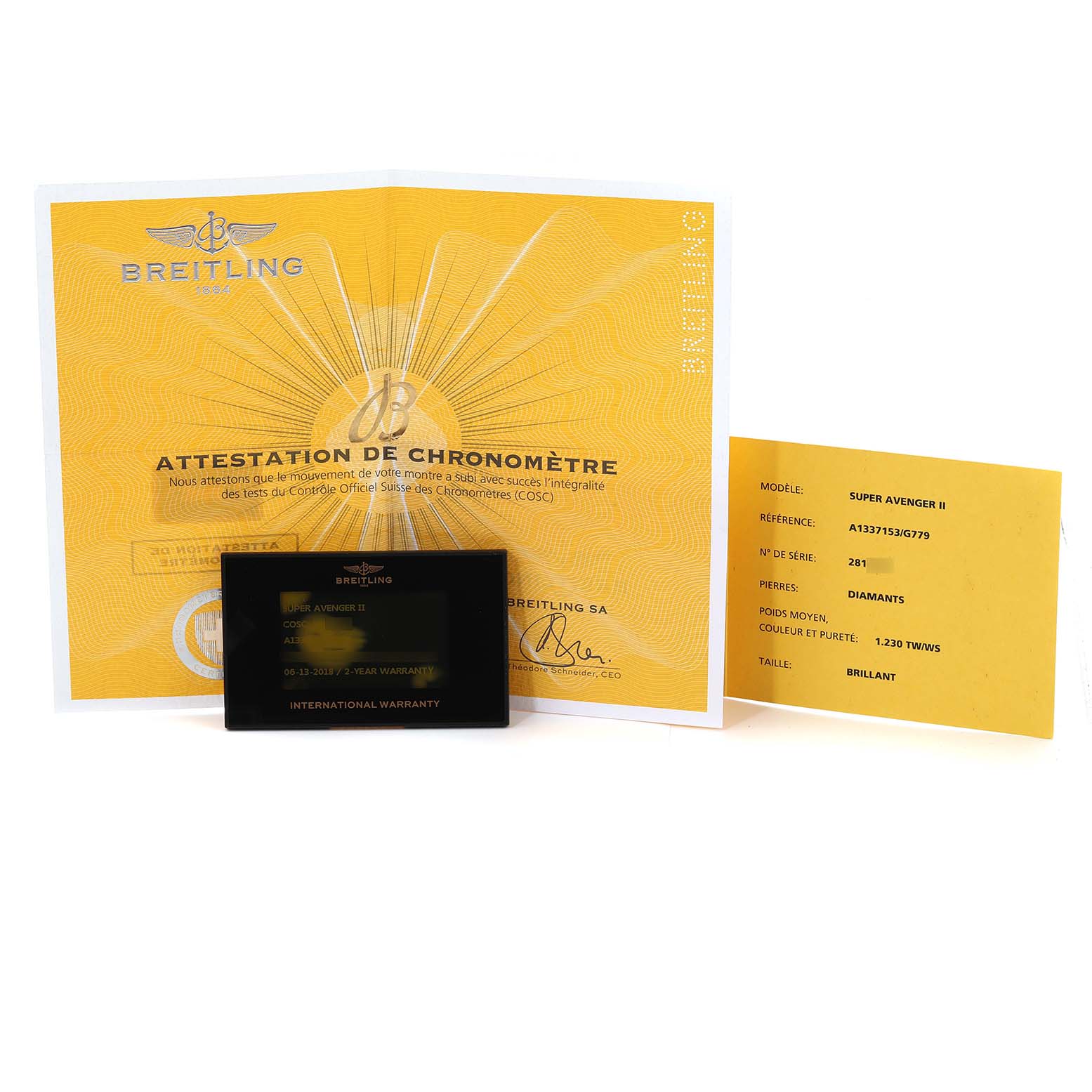 The image shows the warranty card, certificate, and registration details for the Breitling Avenger A13371 Men's Stainless Steel White Dial A13371 Men's Stainless Steel White Dial watch model.