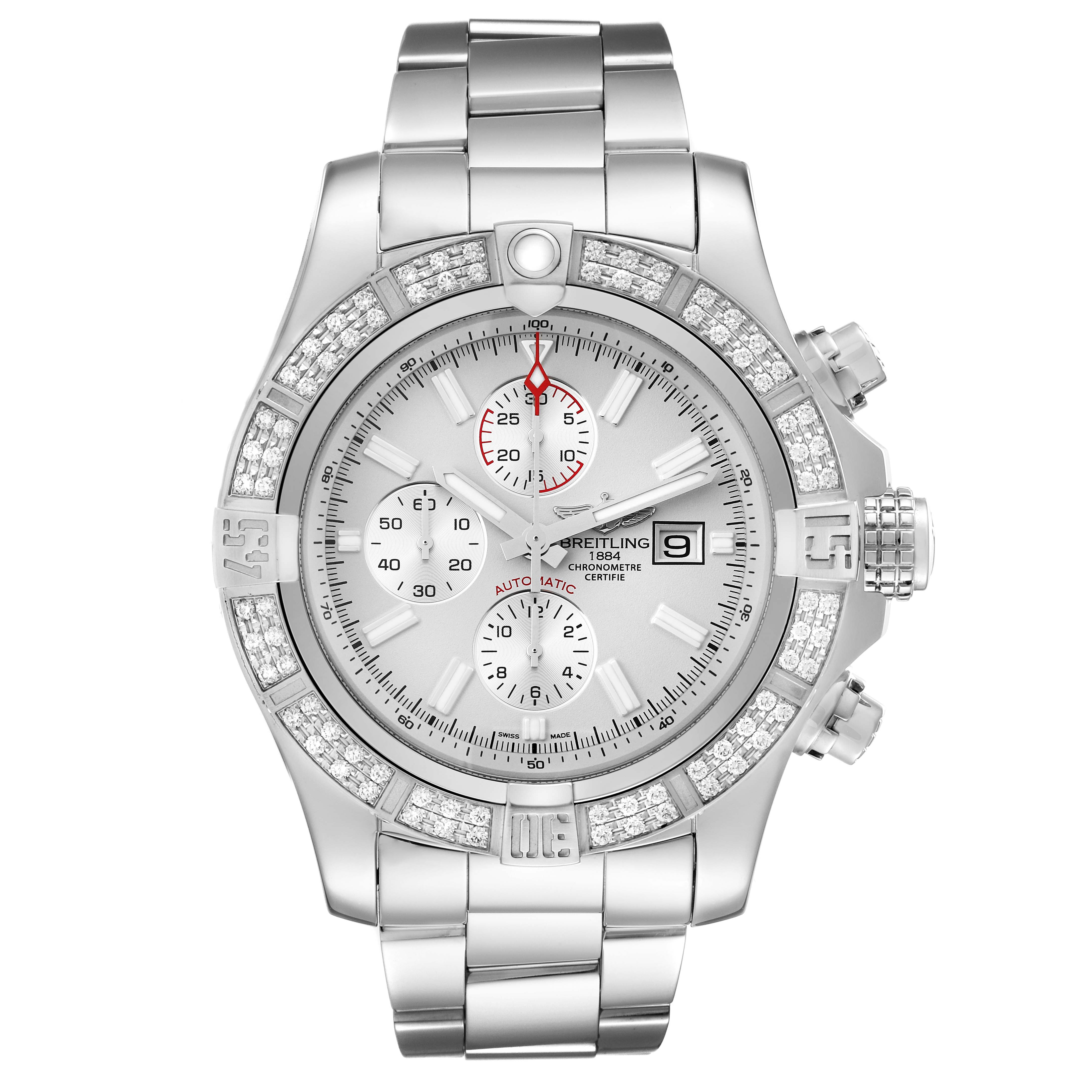 This image shows a frontal view of a Breitling Avenger A13371 Men's Stainless Steel White Dial A13371 Men's Stainless Steel White Dial watch, highlighting its face, bezel, and metallic band.