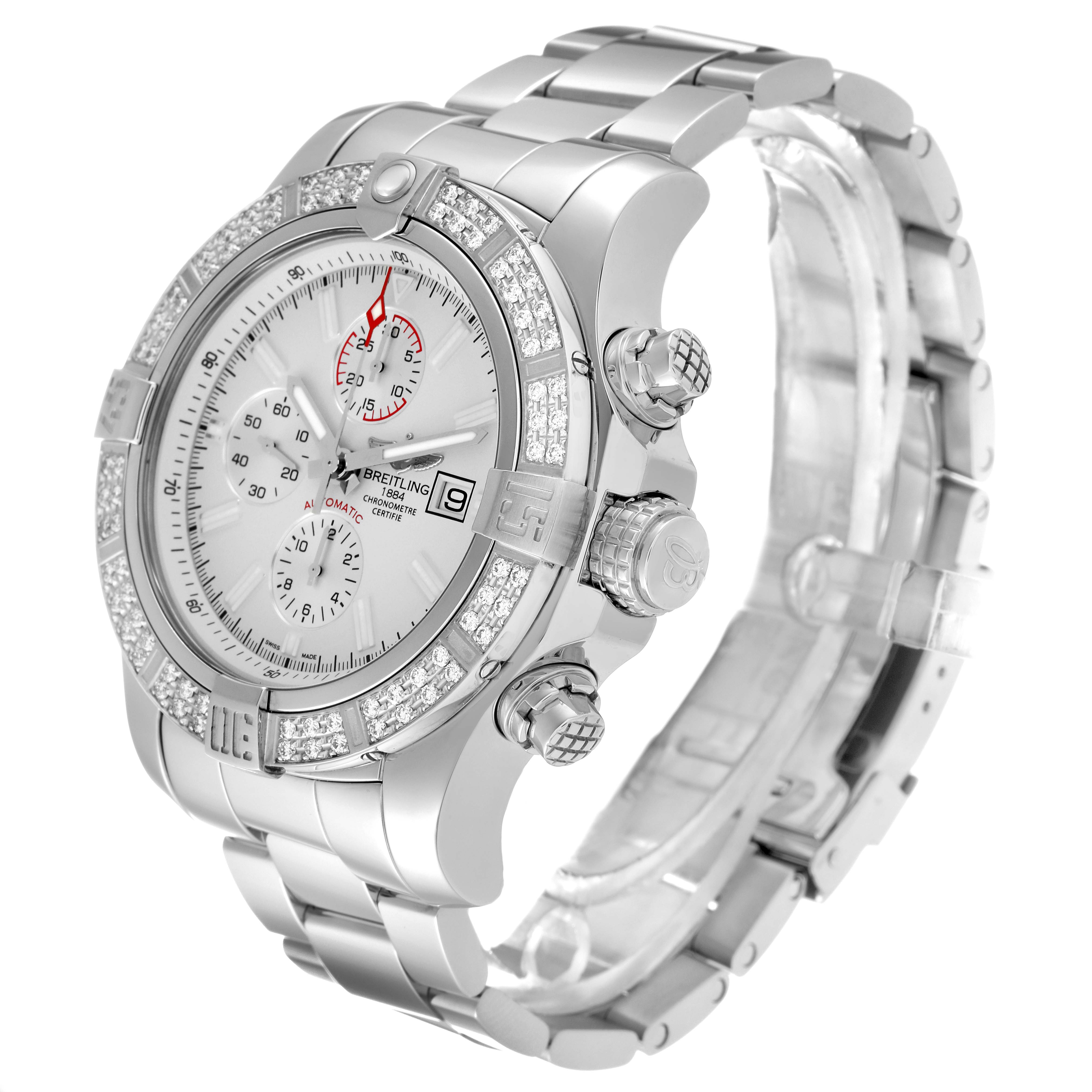 The image shows a Breitling Avenger A13371 Men's Stainless Steel White Dial A13371 Men's Stainless Steel White Dial watch from a three-quarter angle, highlighting its face, bezel, crown, and bracelet.