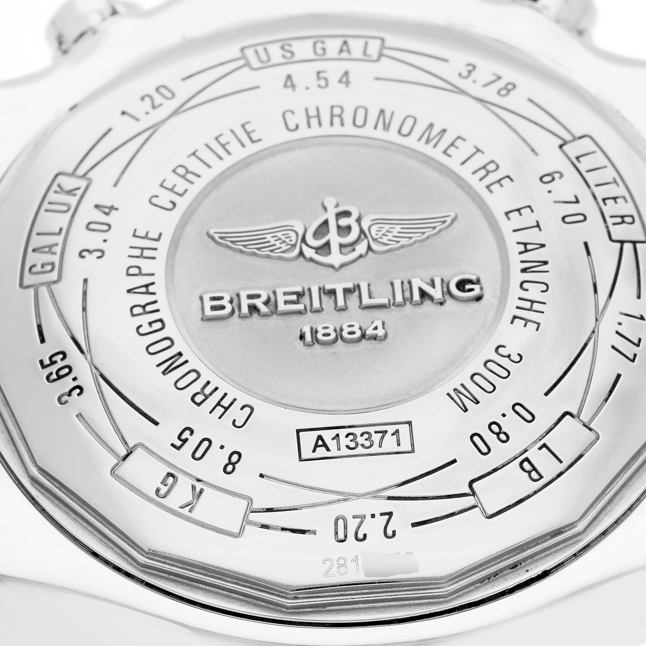 This image shows the back case of a Breitling Avenger A13371 Men's Stainless Steel White Dial A13371 Men's Stainless Steel White Dial model watch, detailing its certification and specifications.