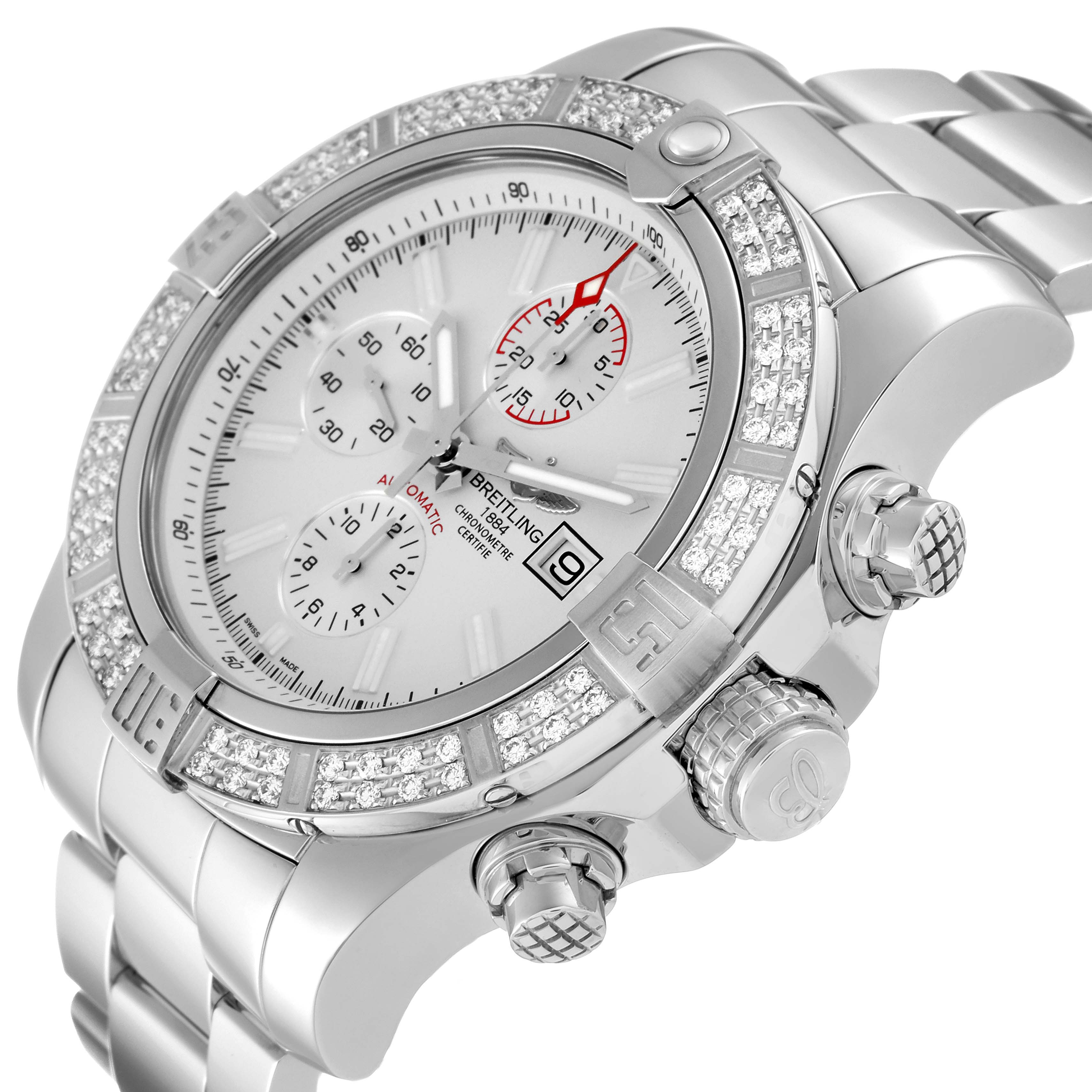 The image shows a close-up angle of a Breitling Avenger A13371 Men's Stainless Steel White Dial A13371 Men's Stainless Steel White Dial watch, highlighting its dial, bezel, crown, and bracelet.