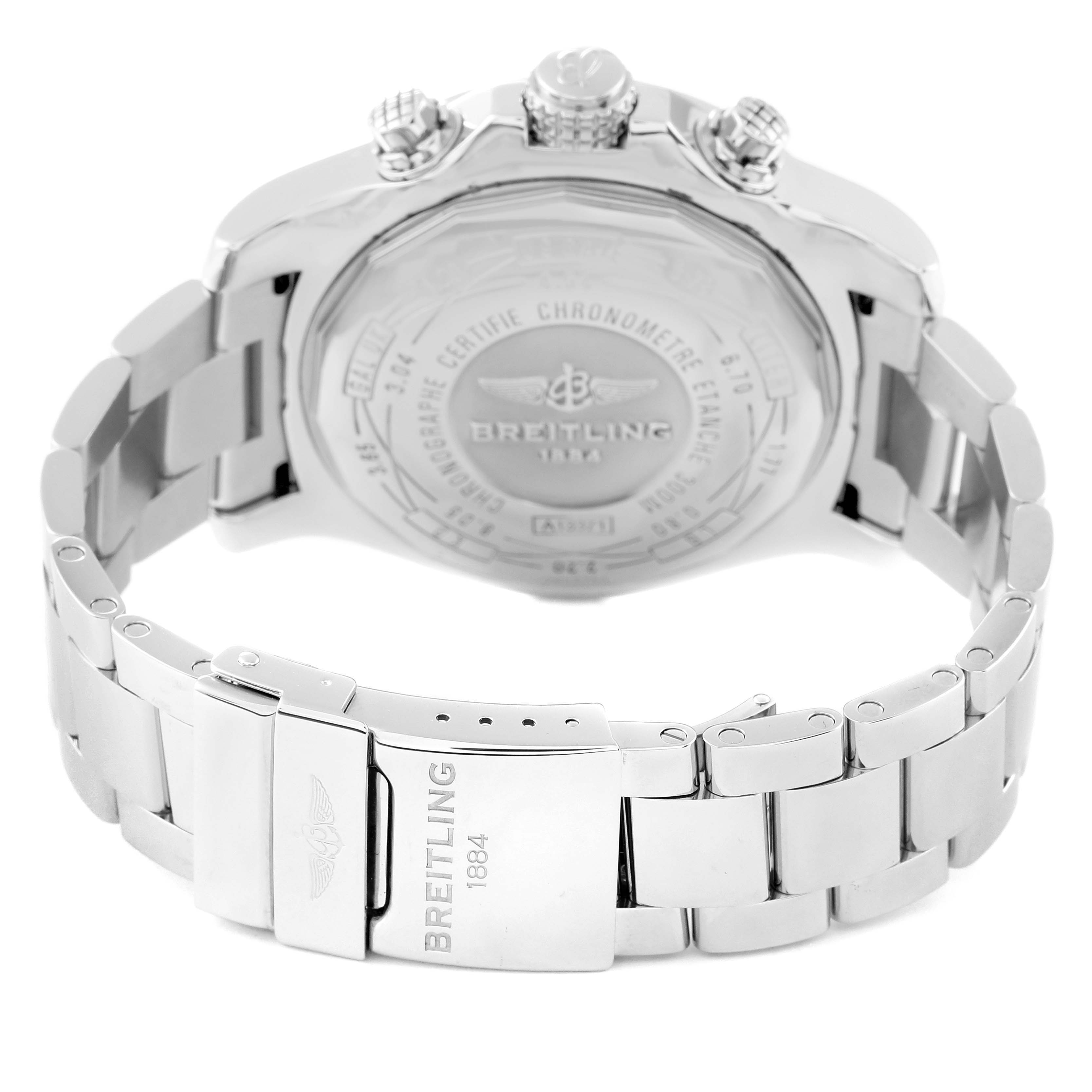 This image shows the back and clasp of the Breitling Avenger A13371 Men's Stainless Steel White Dial A13371 Men's Stainless Steel White Dial watch, viewed from a rear angle.