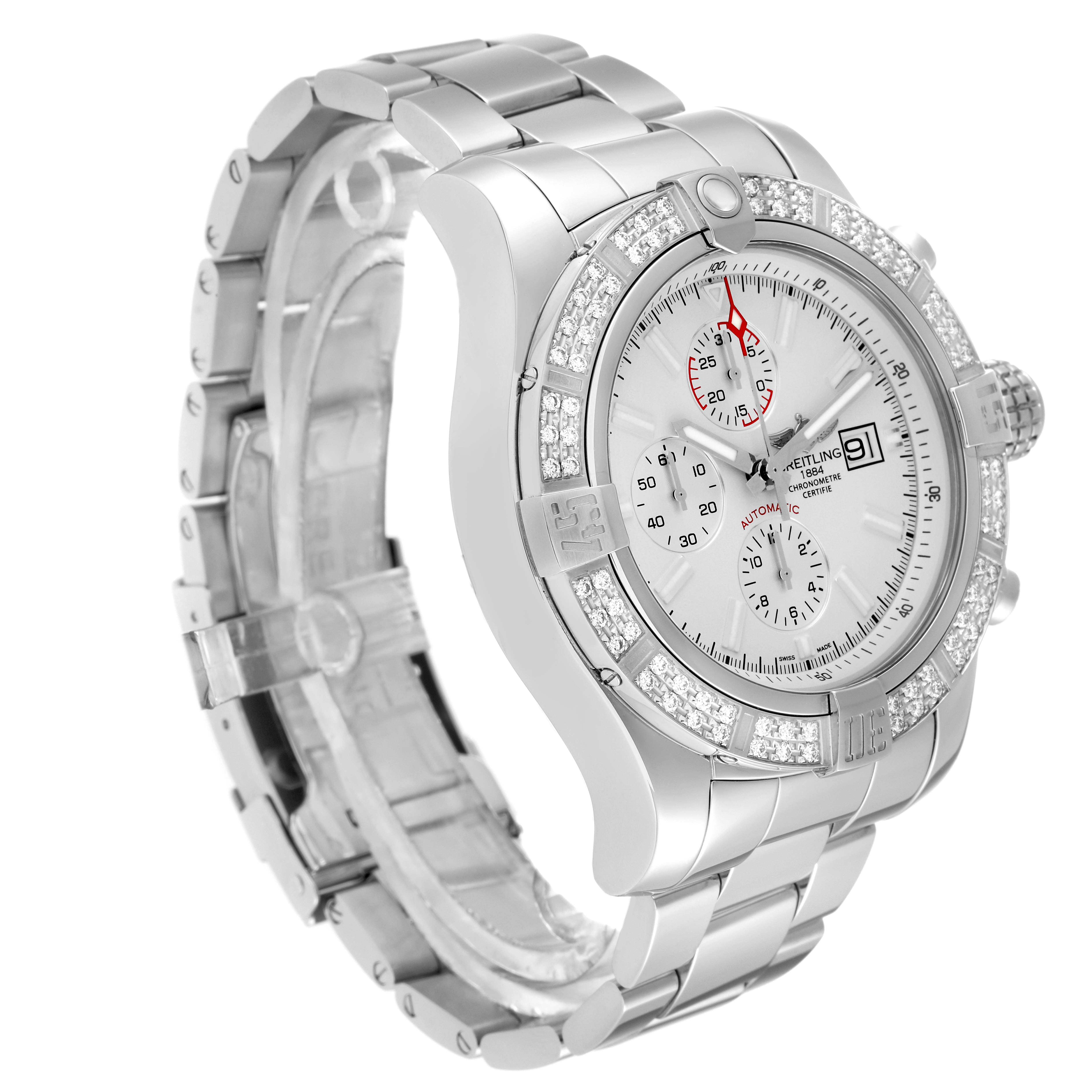 This image shows a Breitling Avenger A13371 Men's Stainless Steel White Dial A13371 Men's Stainless Steel White Dial watch at an angled view, highlighting the bracelet, case, bezel, and dial with subdials.