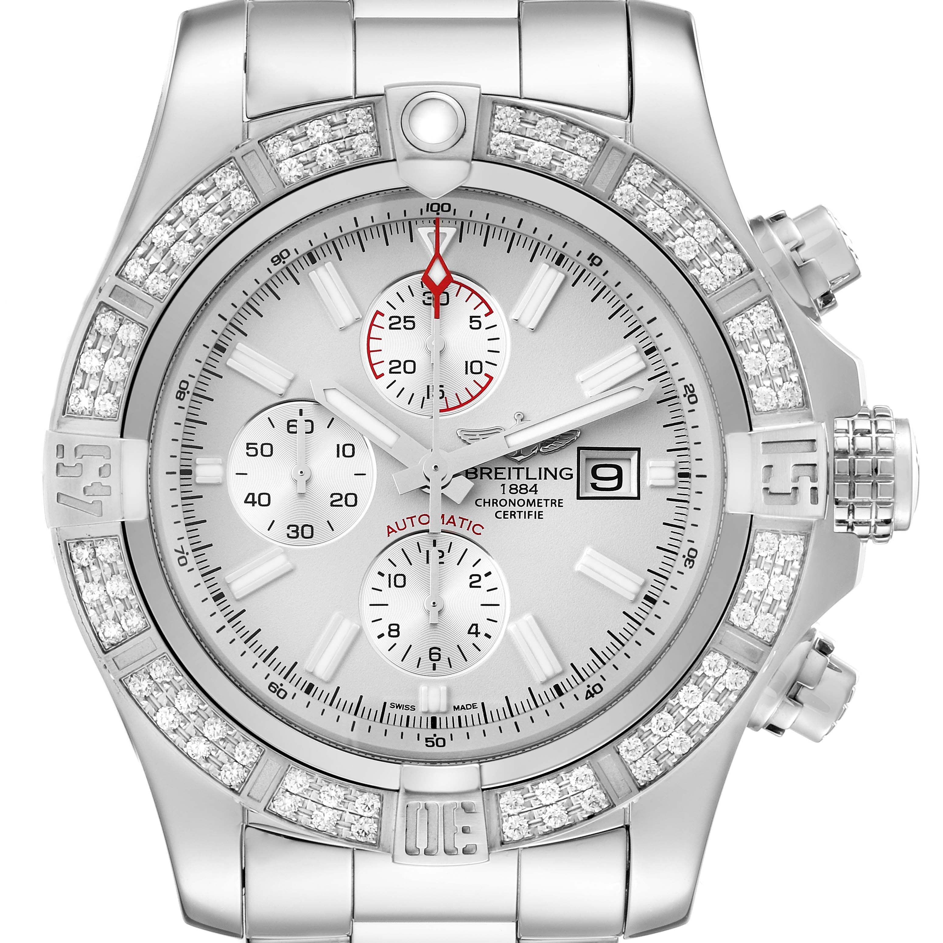 This is a front view of a Breitling Avenger A13371 Men's Stainless Steel White Dial A13371 Men's Stainless Steel White Dial watch showing the face, bezel, sub-dials, and bracelet.