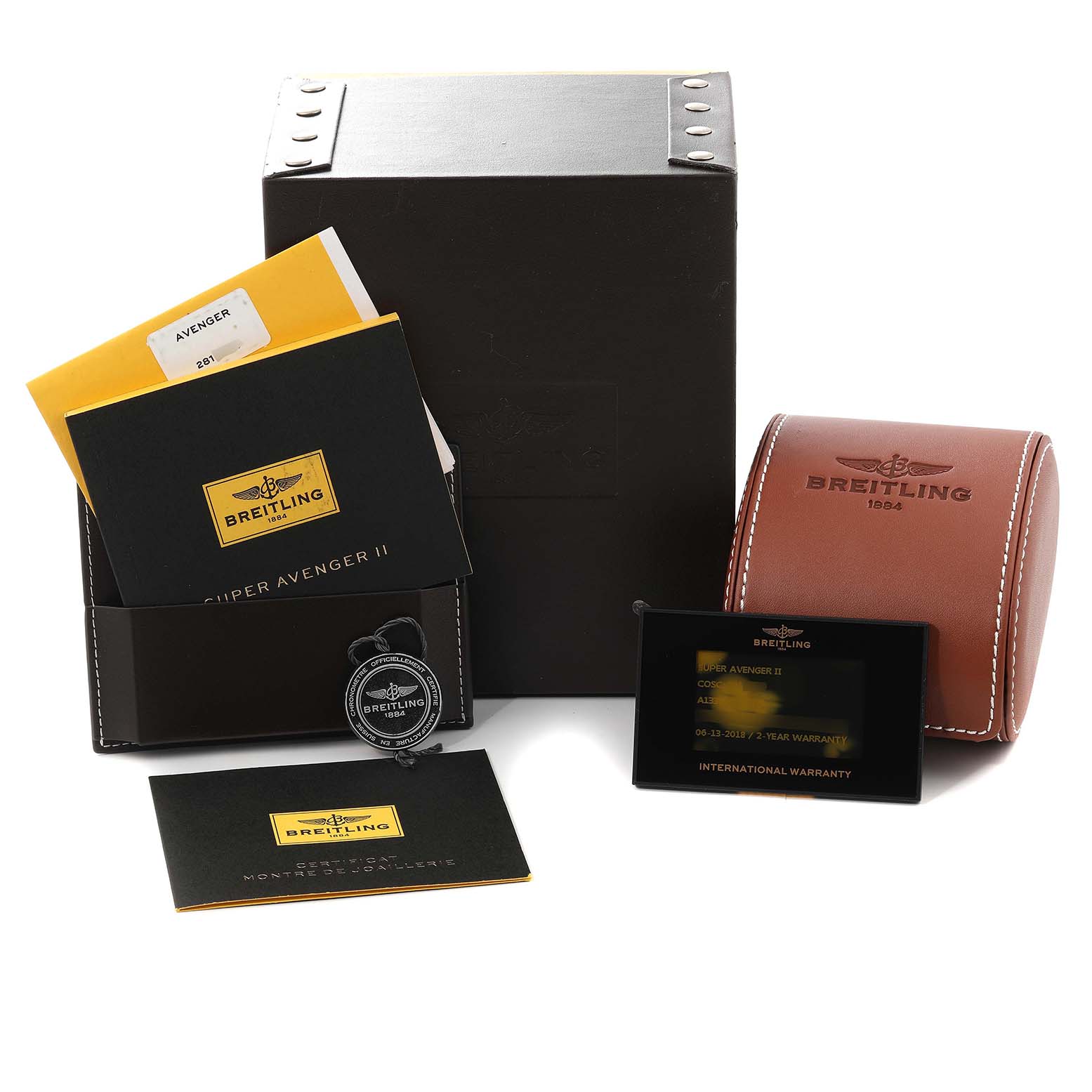 The image shows the packaging, warranty card, manuals, and a leather case for the Breitling Avenger A13371 Men's Stainless Steel White Dial A13371 Men's Stainless Steel White Dial watch model.
