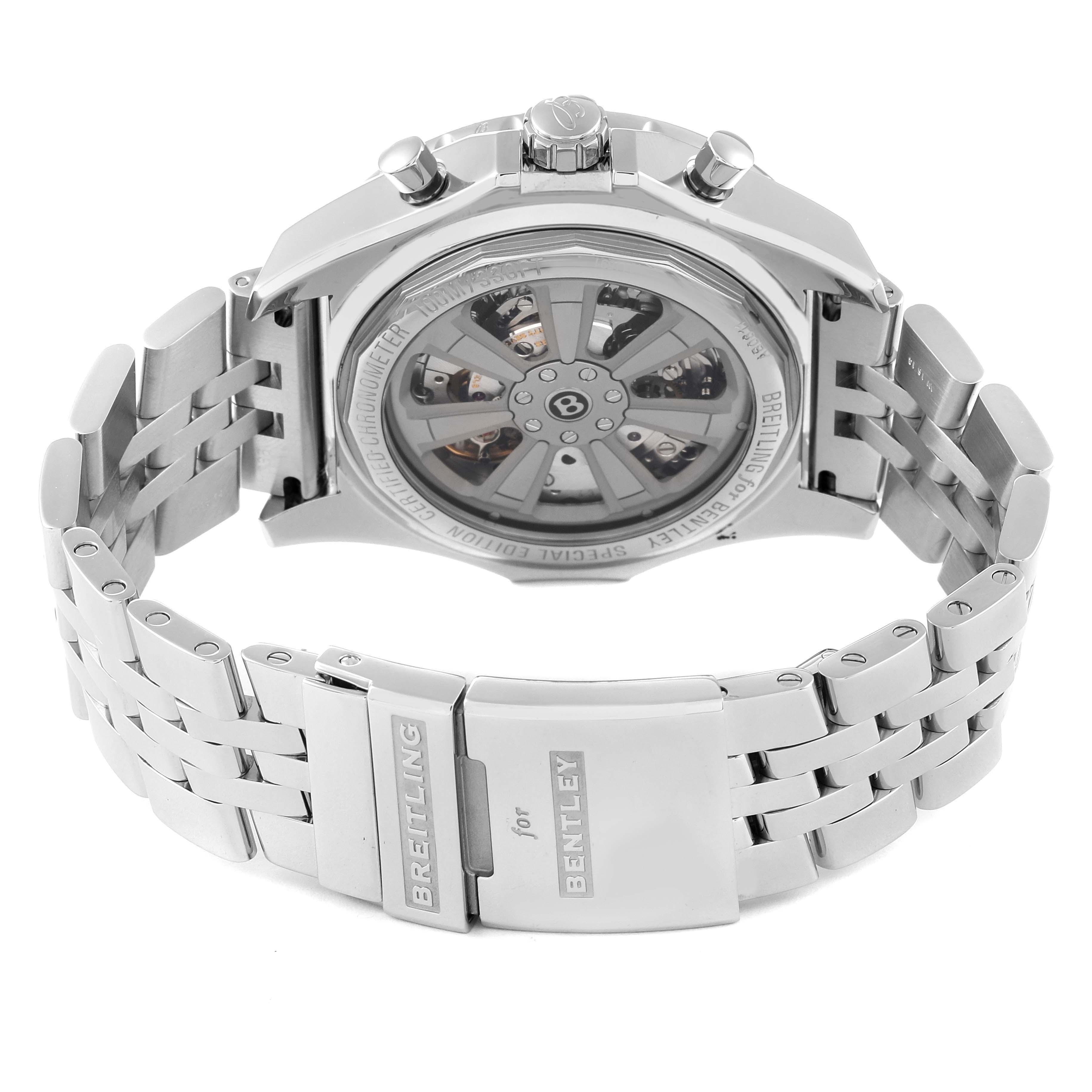 This image shows the back case and bracelet of a Bentley model watch by Breitling, highlighting the intricate movement and clasp.