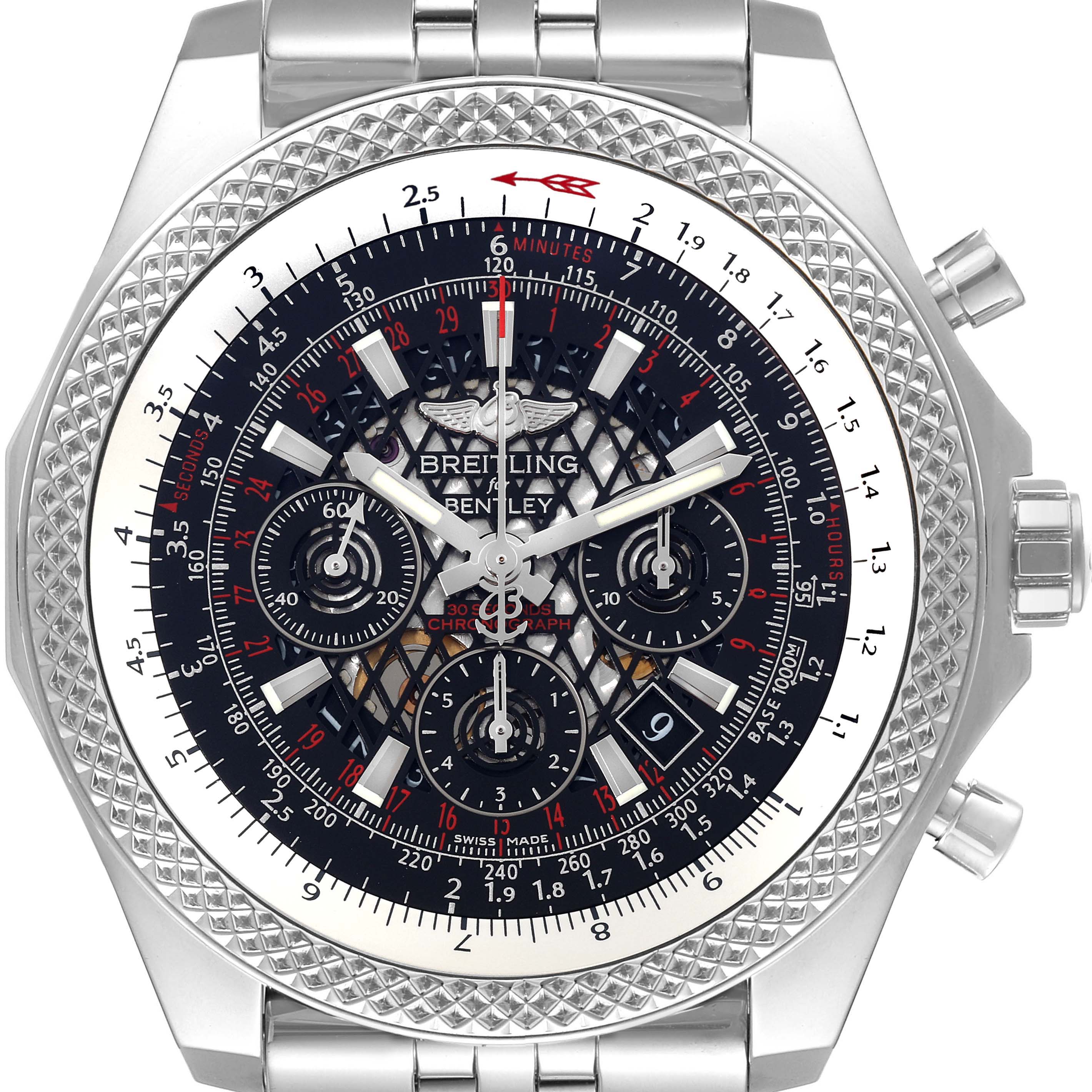 The image shows a front view of a Breitling Bentley AB061112.BD80.990A Men's Stainless Steel Black Dial AB061112.BD80.990A Men's Stainless Steel Black Dial watch, displaying the detailed dial, subdials, bezel, and crown.