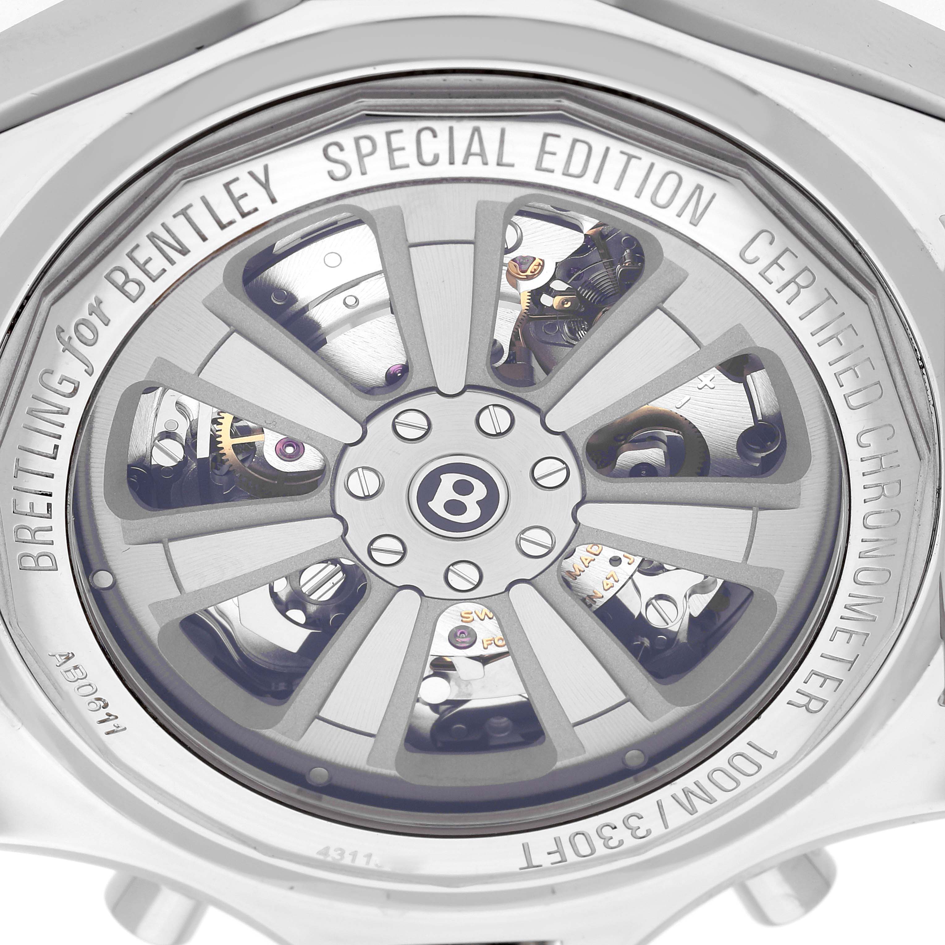 The image shows the back of the Breitling Bentley AB061112.BD80.990A Men's Stainless Steel Black Dial AB061112.BD80.990A Men's Stainless Steel Black Dial watch, highlighting its special edition rotor and internal mechanisms.