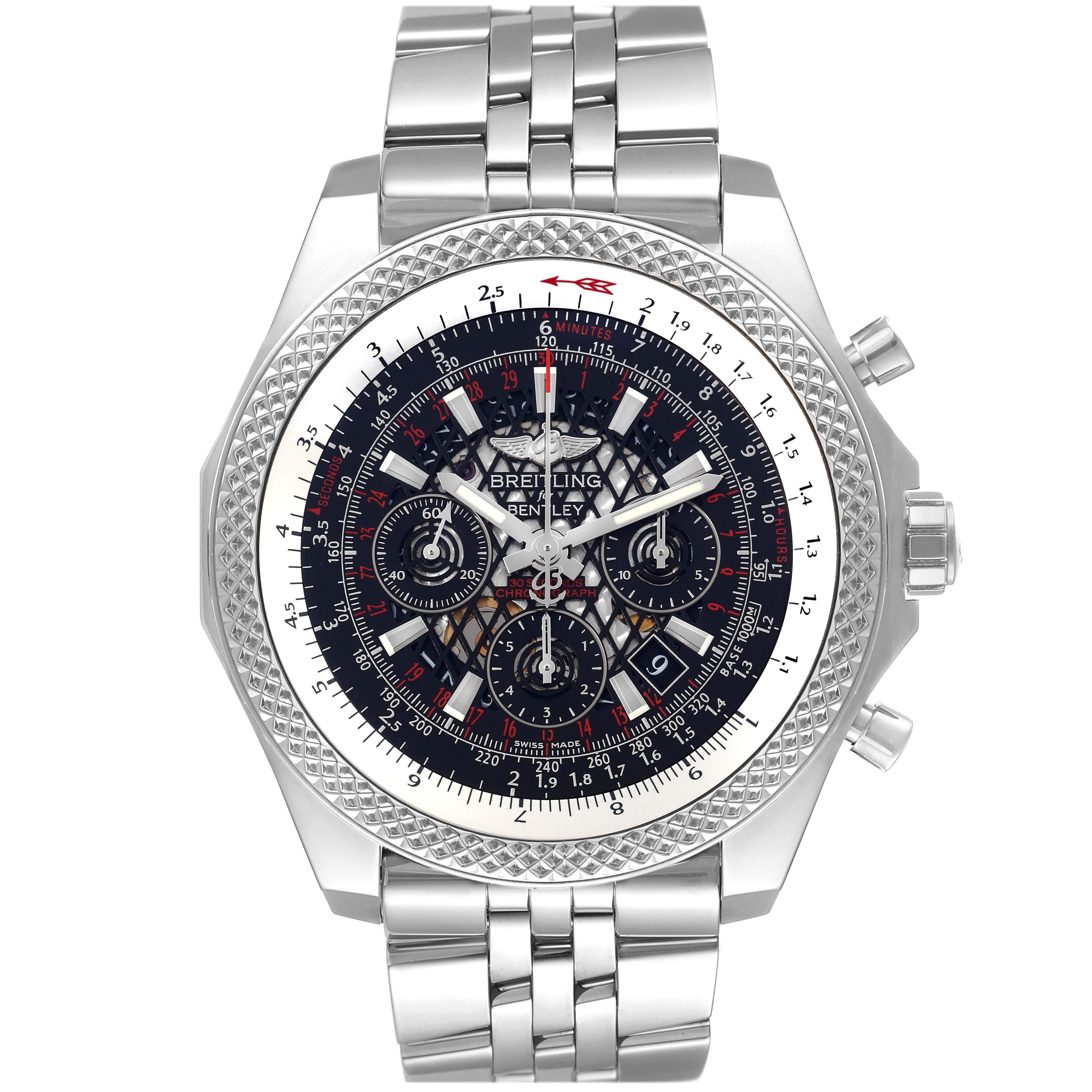 The image shows a front view of the Breitling Bentley AB061112.BD80.990A Men's Stainless Steel Black Dial AB061112.BD80.990A Men's Stainless Steel Black Dial model watch, featuring the dial, bezel, and metal wristband.