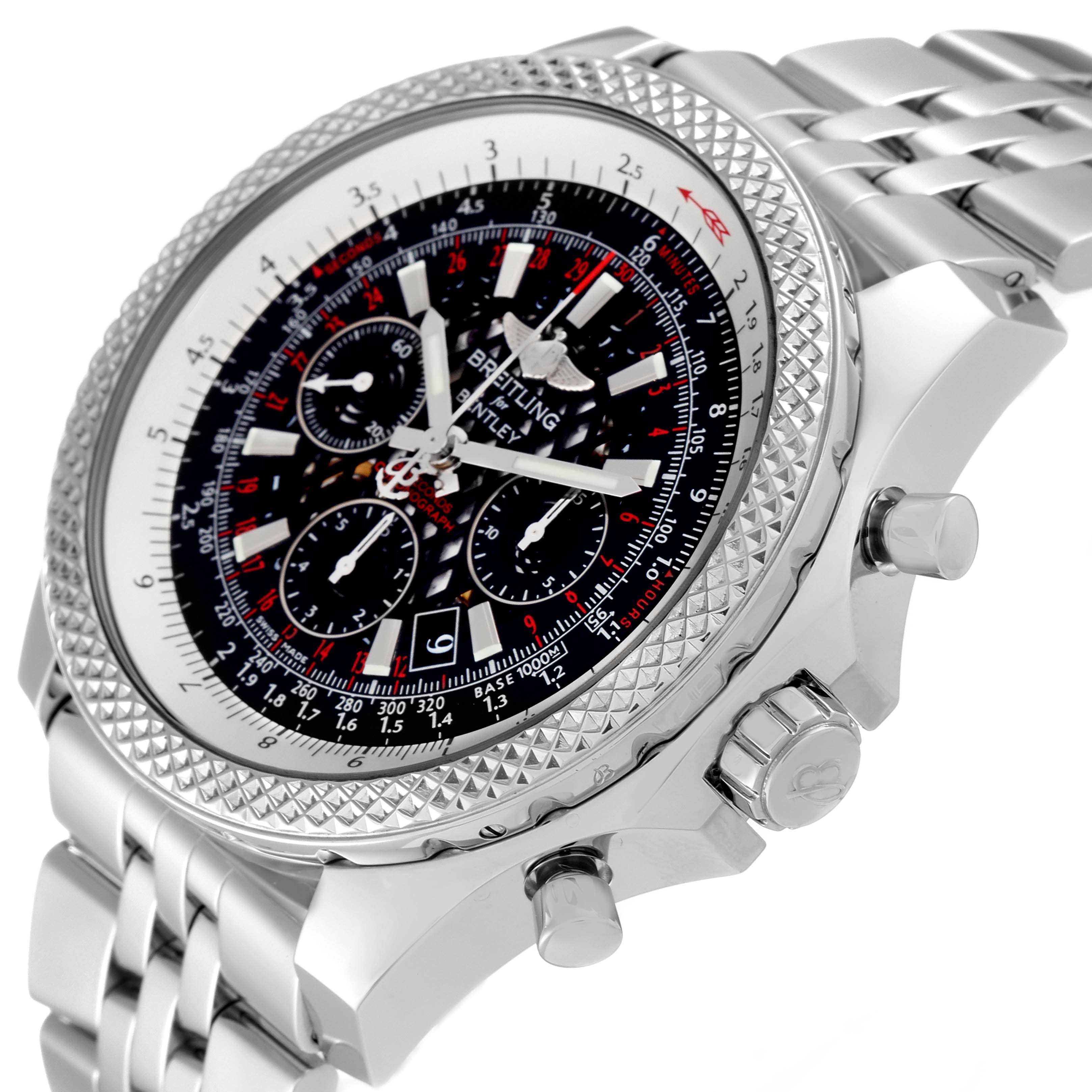 The image shows a side angle of a Breitling Bentley AB061112.BD80.990A Men's Stainless Steel Black Dial AB061112.BD80.990A Men's Stainless Steel Black Dial watch, highlighting its bezel, dial, crown, and pushers.